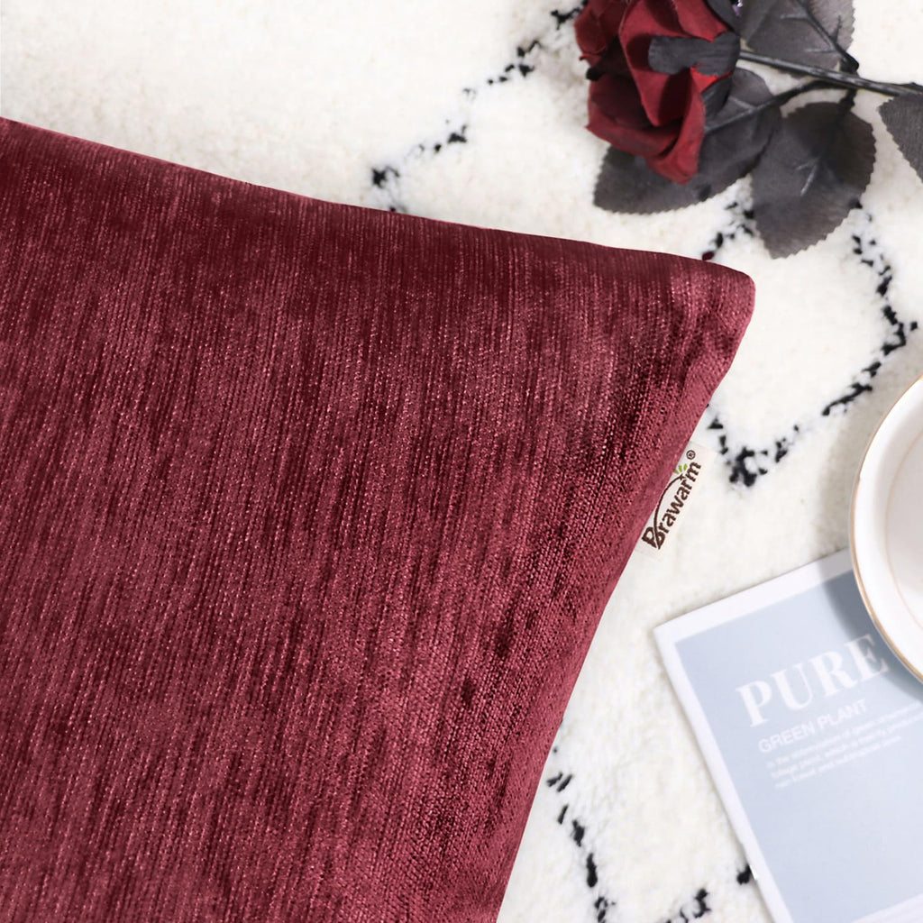 Brawarm Chenille Throw Pillow Covers 12X20 Inches - Burgundy Chenille Lumbar Pillow Covers Pack Of 2, Solid Dyed Soft Chenille P