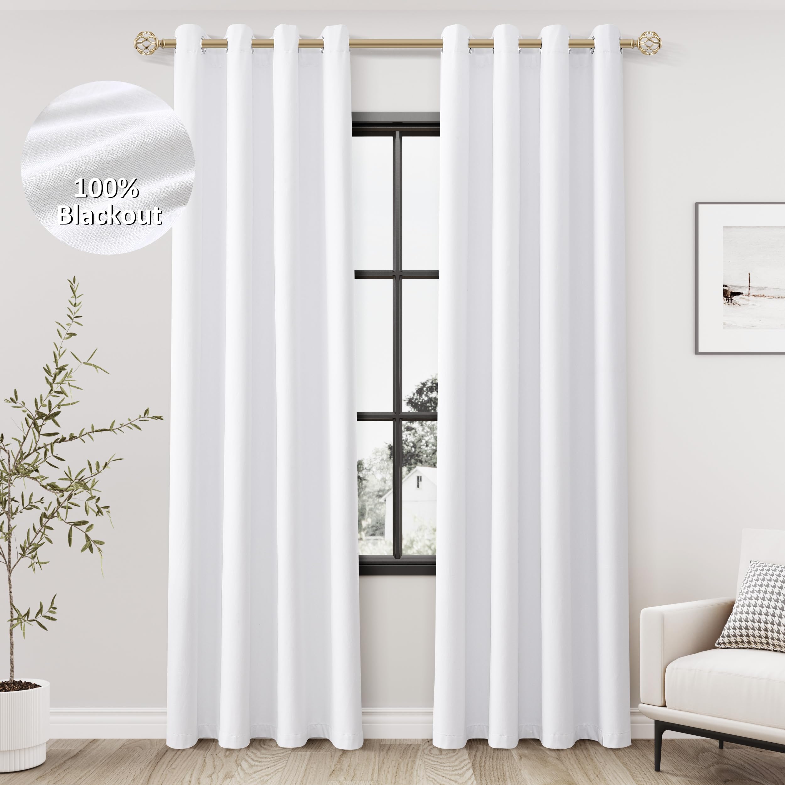 Jowels White Linen Blackout Curtains 84 Length 2 Panels Set For Living Room Bedroom, 100% Black Out Thermal Insulated Linen Drap