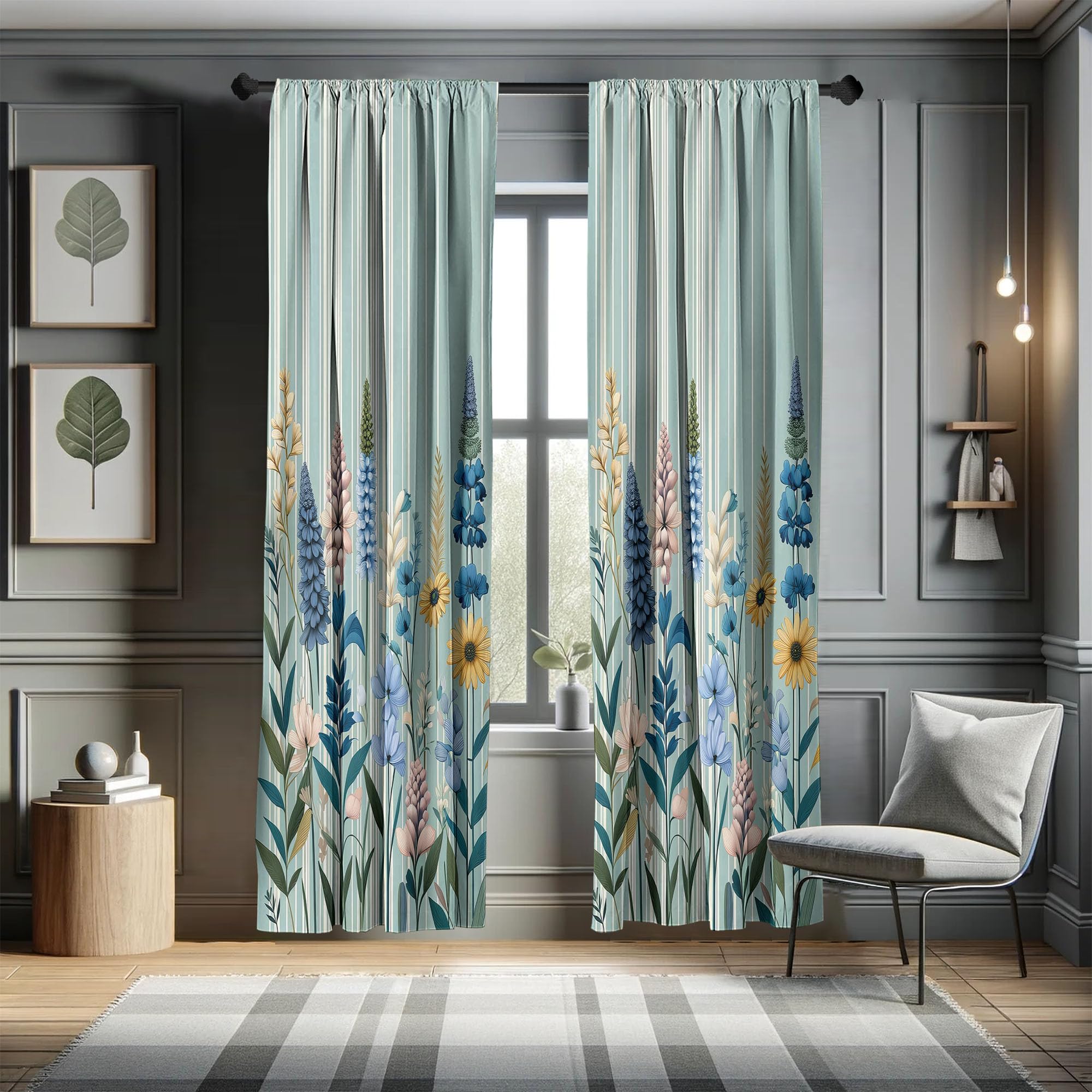 Ambesonne Spring Window Curtains Pack Of 2, Modern Garden With Leafy Lavenders And Daisy Huddle With Boho Stripes, Lightweight S