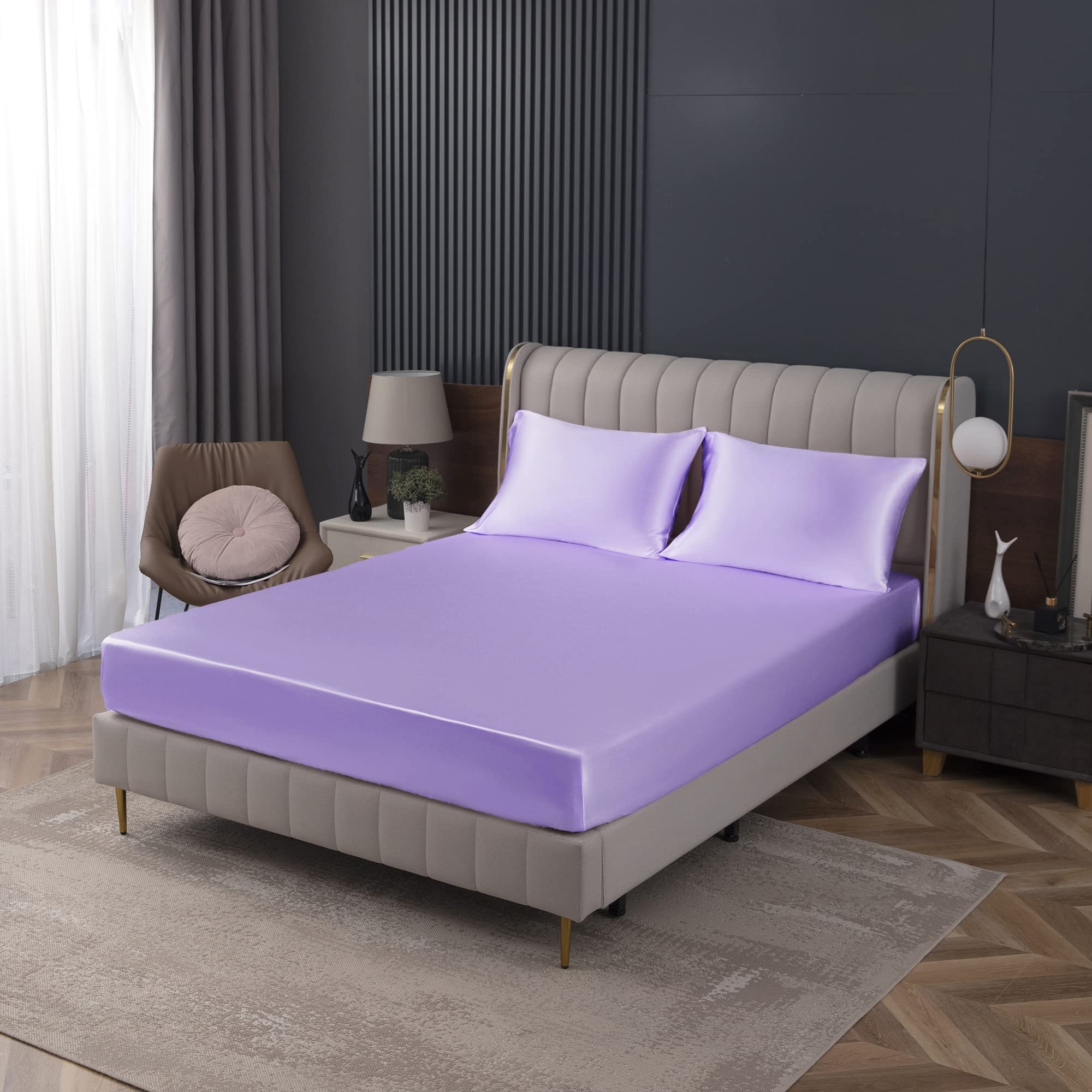 Homiest Lavender Satin Fitted Sheet King Size Fitted Bed Sheet, Deep Pocket Fitted Sheet Only, Luxury & Ultra Soft Bedding Fitted Sheet Single Bottom Bed Sheets Sold Separately