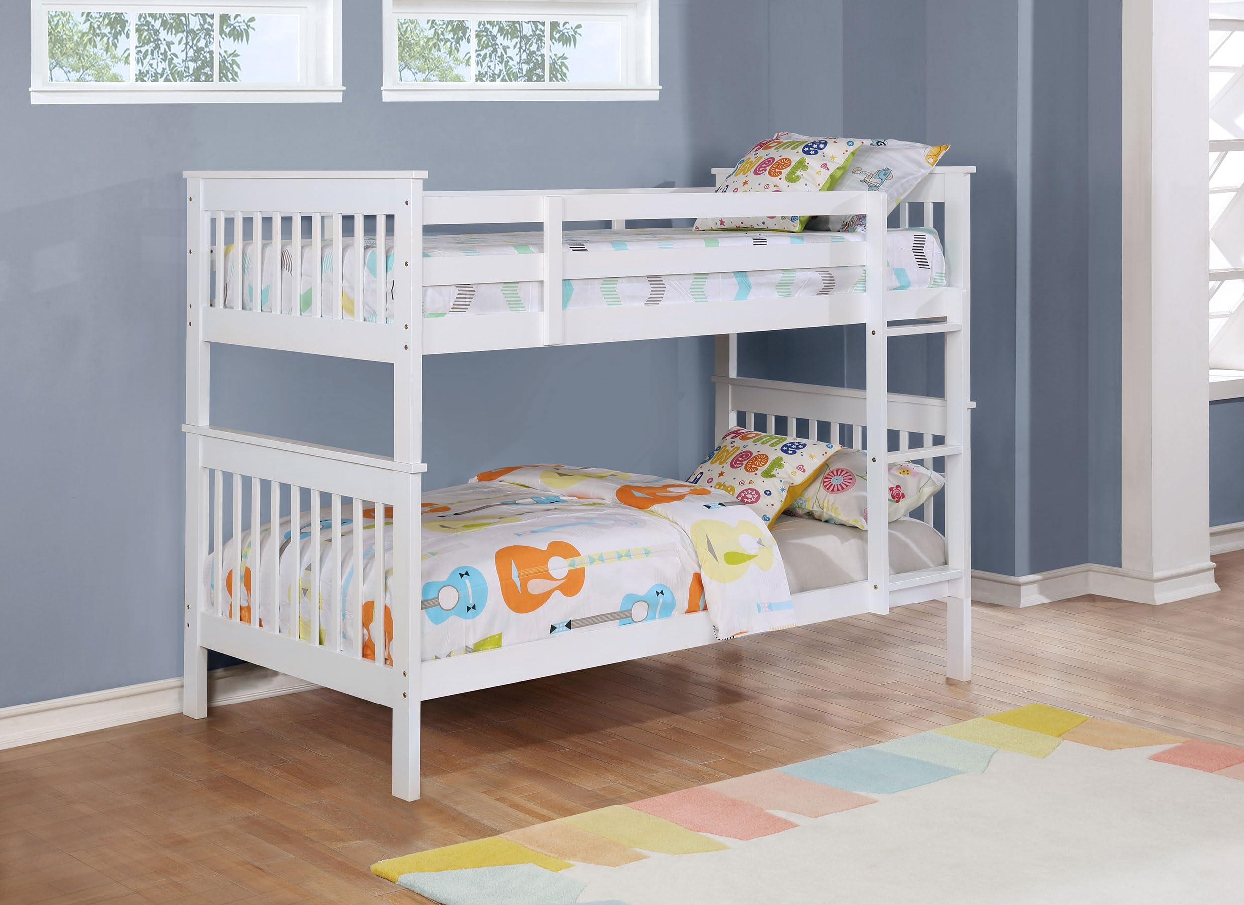Coaster Home Furnishings Chapman Transitional Wood Twin Over Twin Size Bunk Bed Frame with Ladder and Guardrails Fully Slatted Mattress Ready Foundation White 460244N