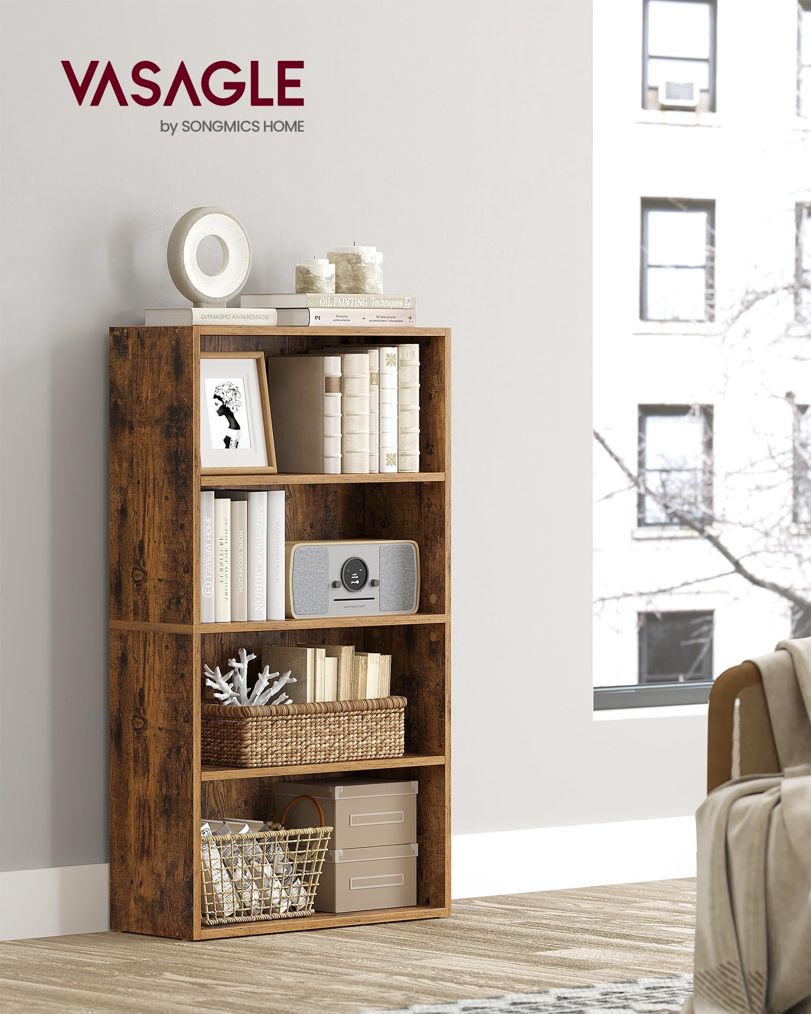Vasagle Bookshelf, 23.6 Inches Wide, 4-Tier Open Bookcase With Adjustable Storage Shelves, Floor Standing Unit, Rustic Brown Ulbc164X01