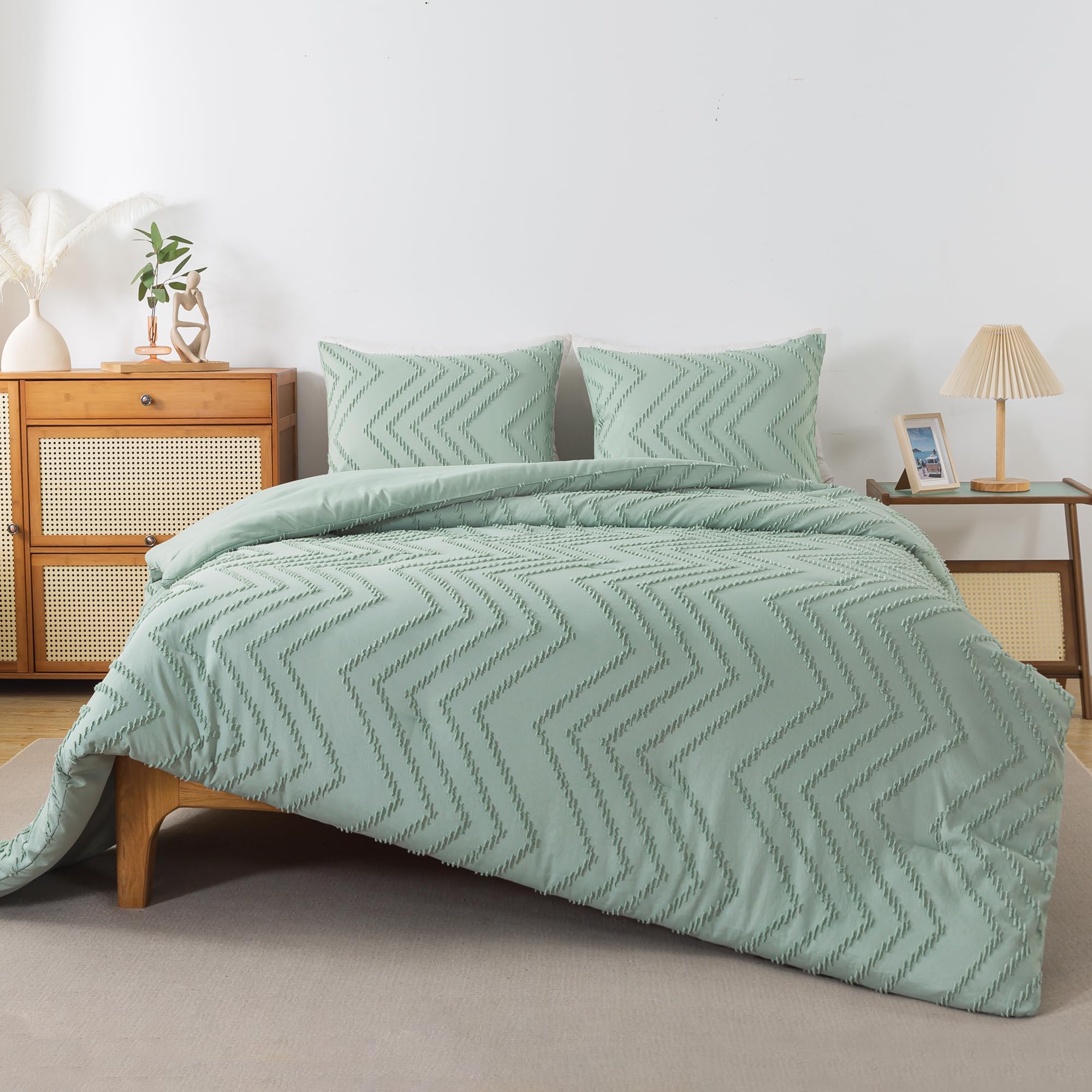 Andency Sage Green Comforter Full, Boho Soft Fluffy Warm Lightweight Bedding Comforter Sets For Full Bed, 3 Pieces Light Green Chevron Tufted Aesthetic Microfiber Lightweight Comforter Set