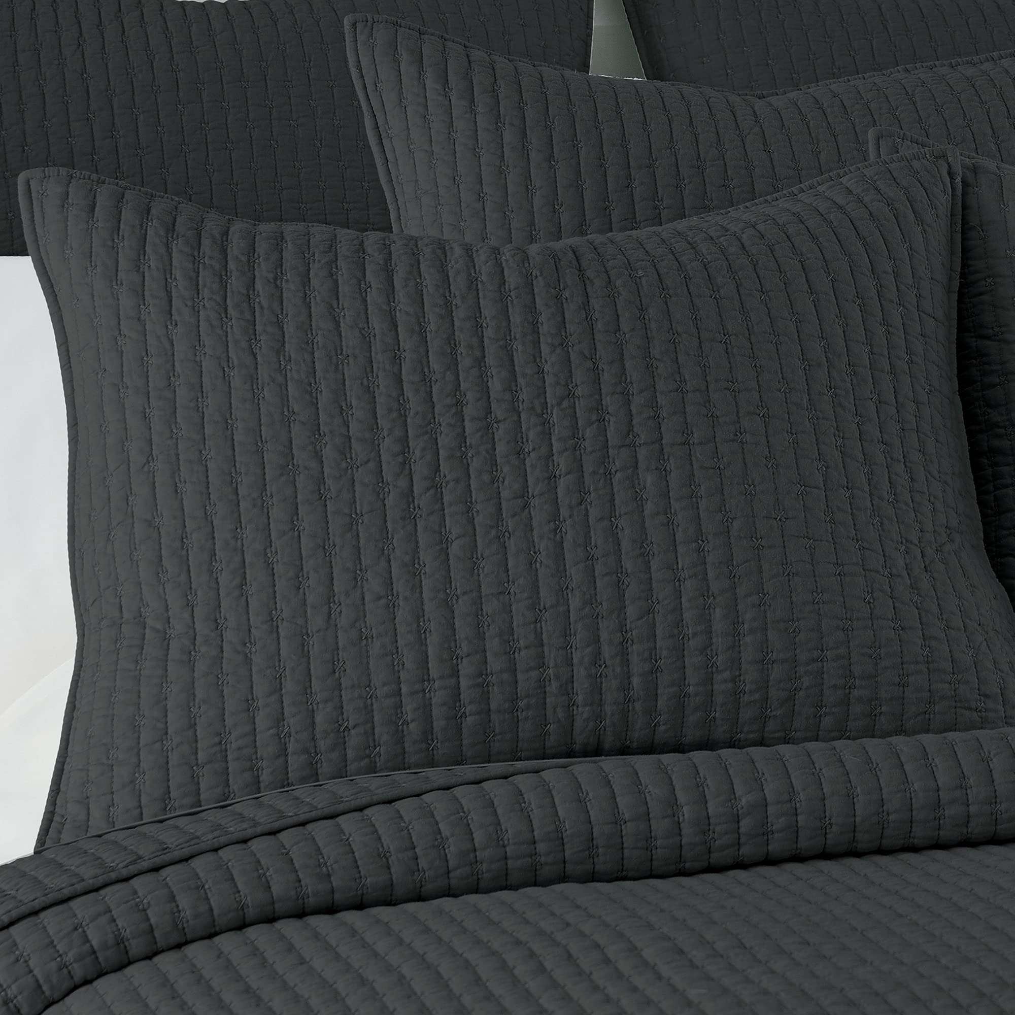 Levtex Home - Cross Stitch Charcoal Quilt Set - 100% Cotton - King/Cal King Quilt (106X92In.) + 2 King Shams (36X20In.) - Revers