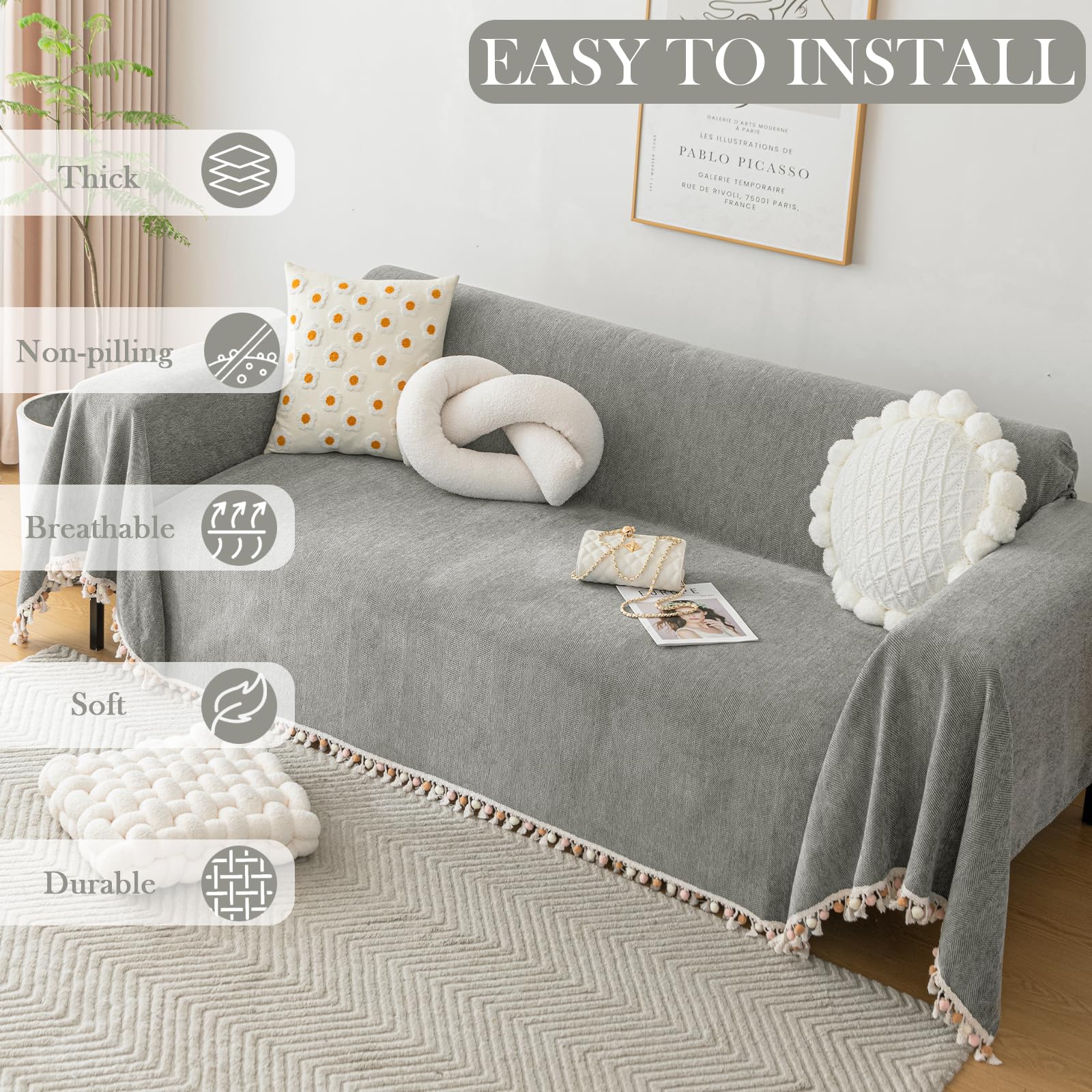 Handontime Couch Slipcovers For Sofas Dark Grey Couch Cover Sofa Cover For Dogs Boho Pet Couch Protector With Tassel Couch Throw Cover Chenille Herringbone Couch Cover Sofa 2 3 Seat Cover, 71' X118'