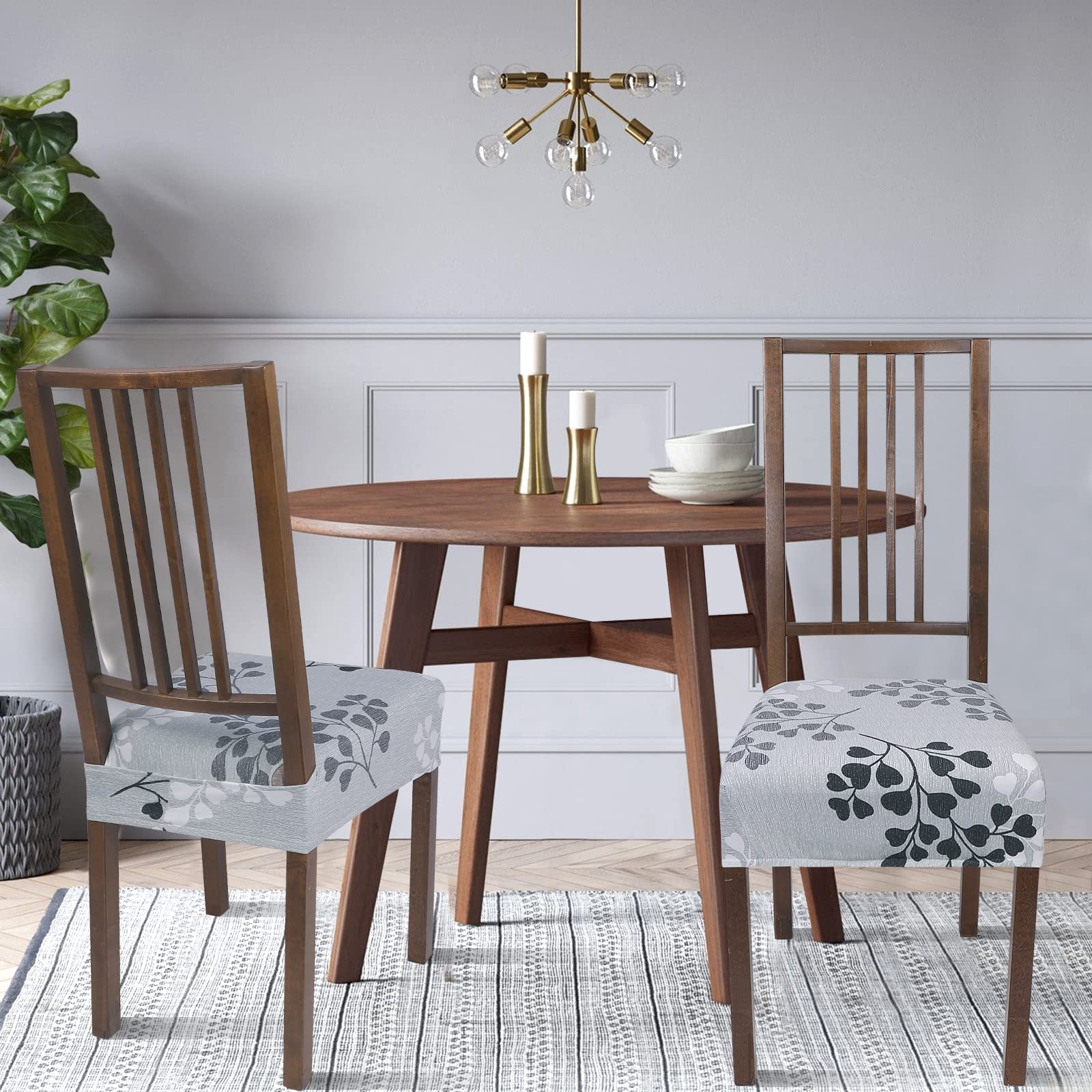 Searchi Stretch Dining Chair Seat Covers Set Of 4, Soft Removable Washable Seat Covers For Dining Chairs, Dining Room Seat Cover Protector (Rear-Covered, Grey Flowers)