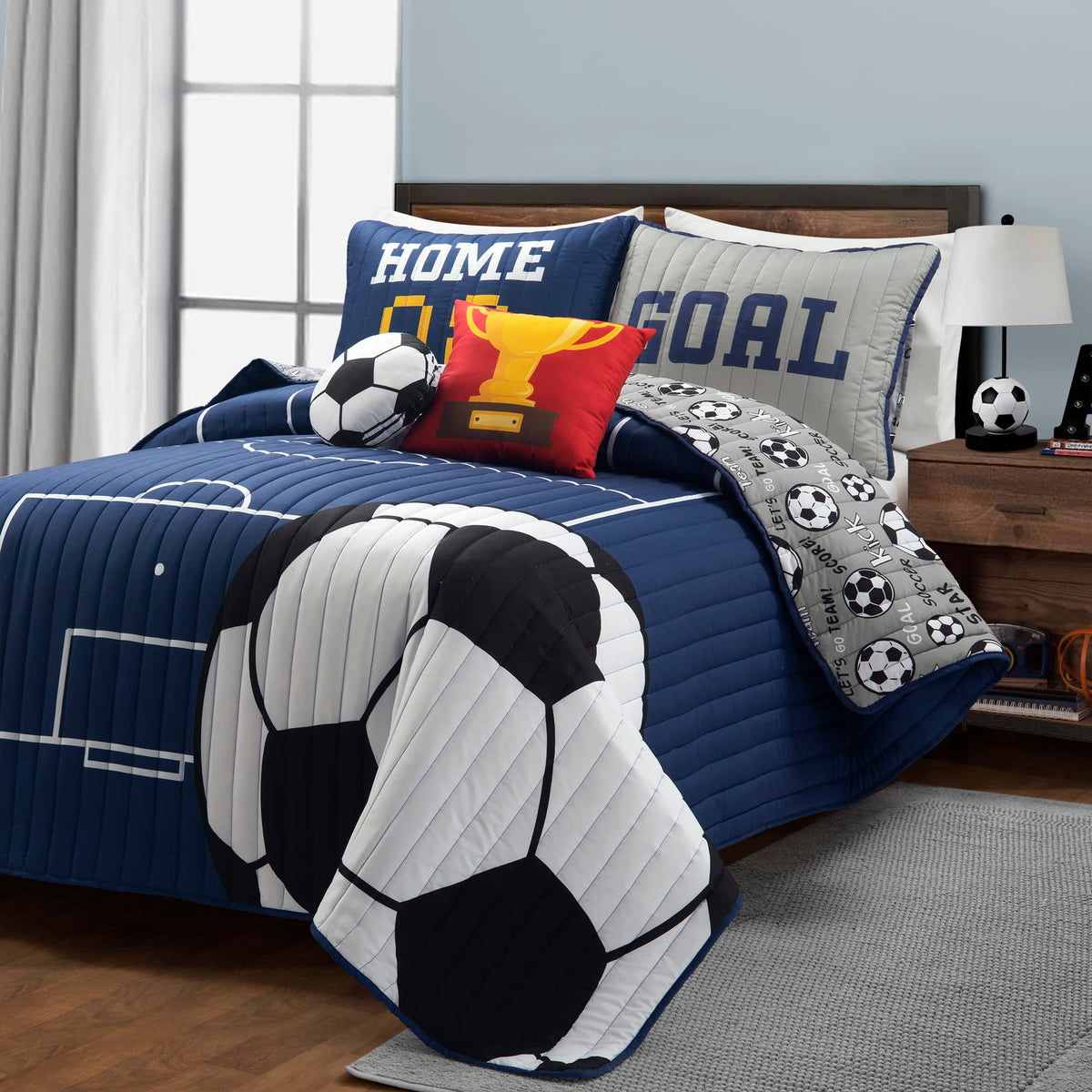 Lush Decor Soccer Game Reversible Oversized Kids 5 Piece Quilt Set, Full/Queen, Navy & Gray