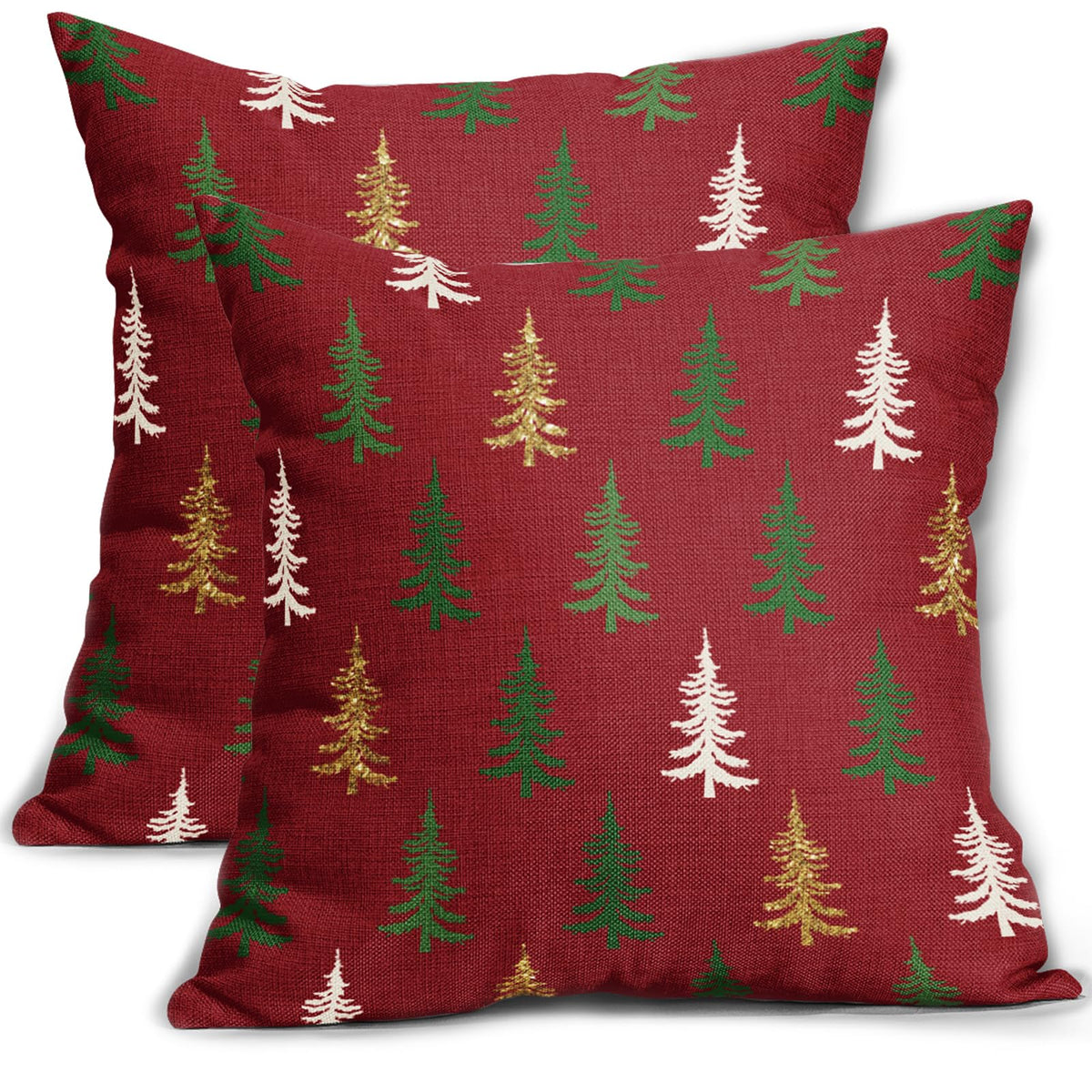 Red Christmas Pillow Covers 18X18 Set Of 2 Green White Gold Xmas Tree Rustic Holiday Print Decorative Outdoor Pillowcases Farmho
