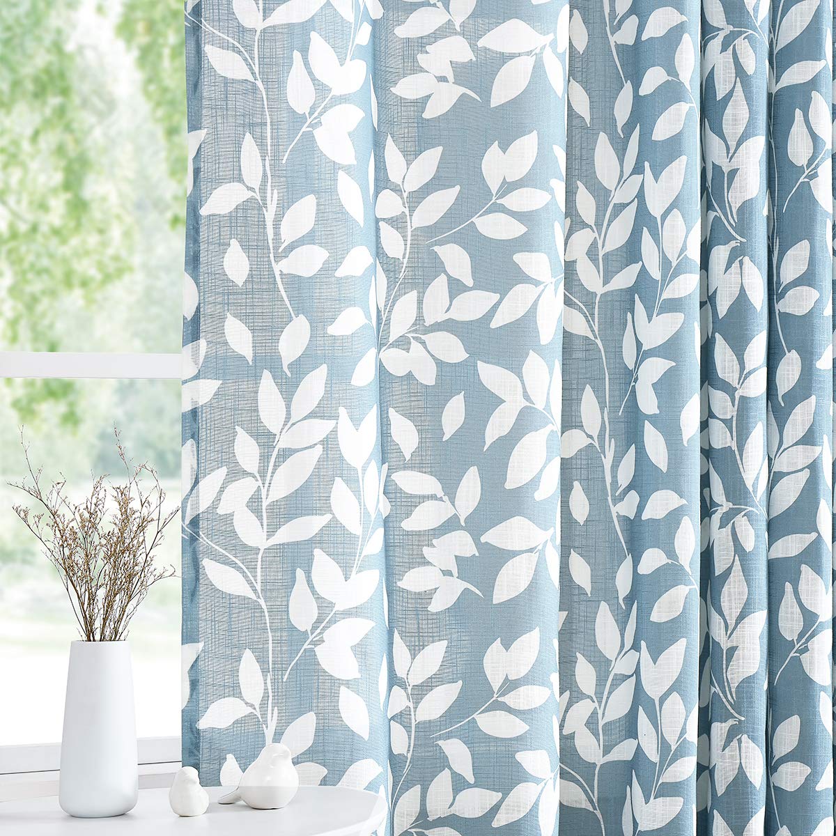 Treatmentex White Blue Curtains for Living Room 84 Length Leaf Print Semi-Sheer Curtains for Kitchen Windows, Grommet Top, 2 Pac