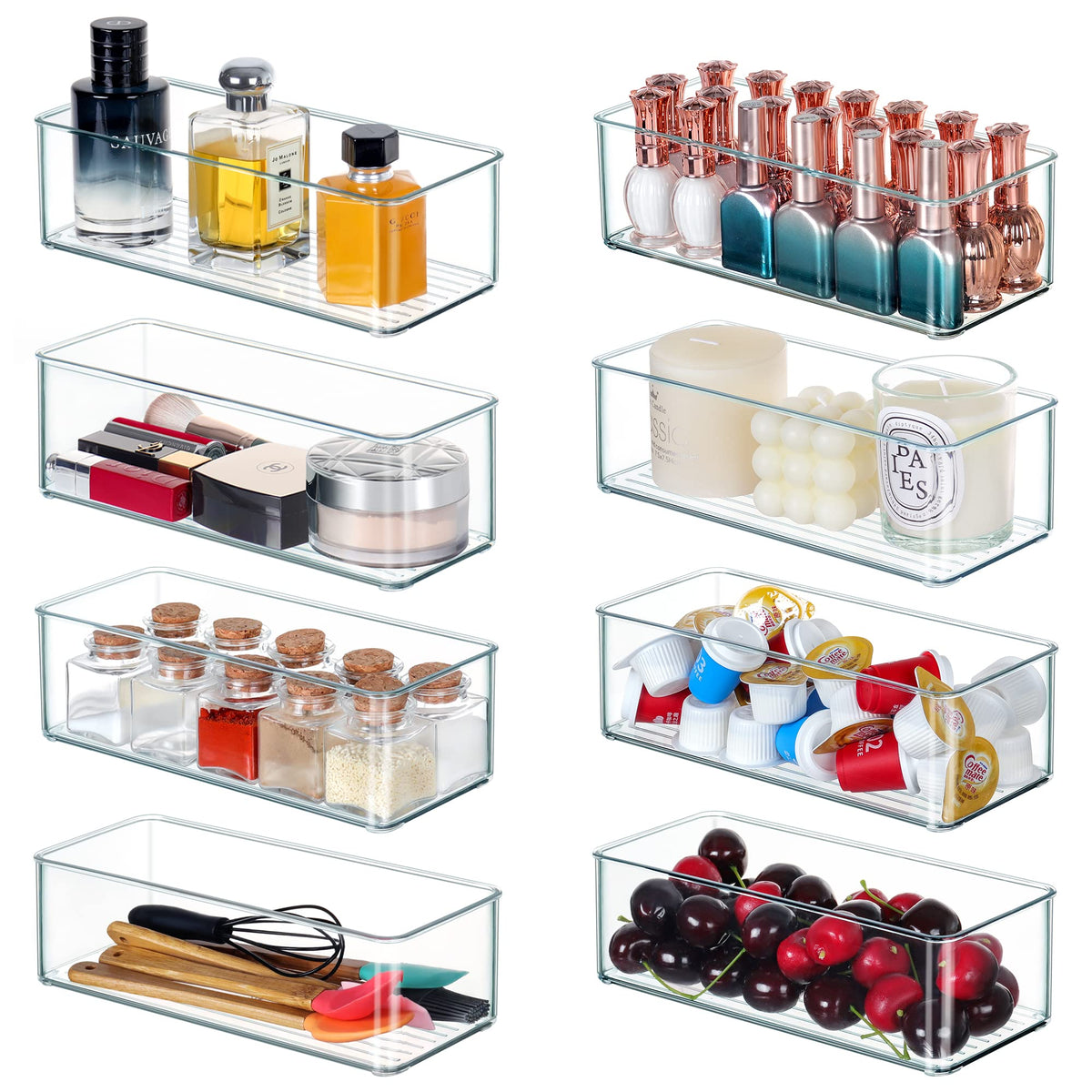 Qilinba 8 Pack Clear Stackable Drawer Organizer Bins, Plastic Organizer Bins For Cutlery Vanity Storage Tray For Bathroom Kitche