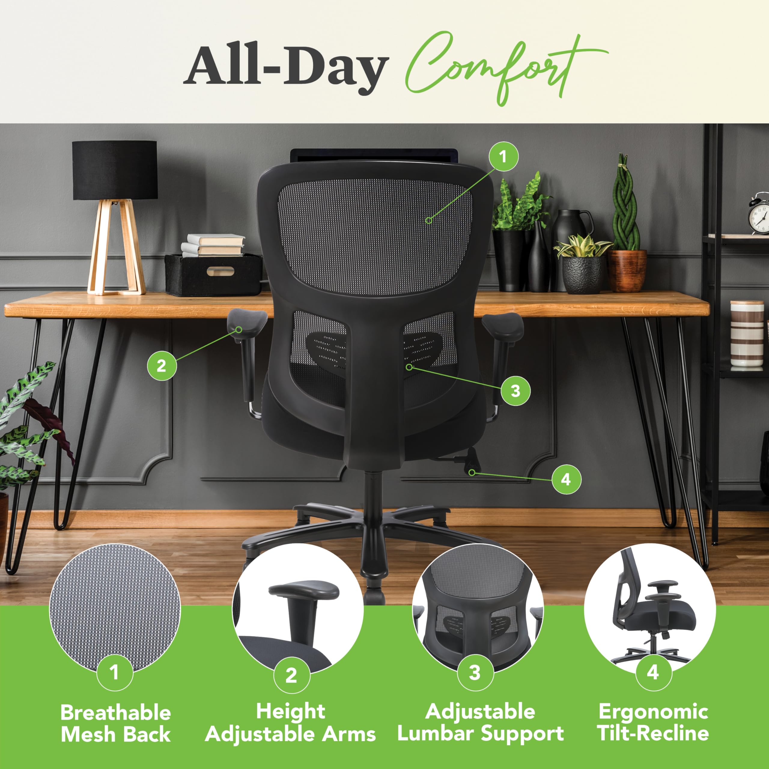 HON Sadie Big and Tall Mesh Back Chair, with Height Arms, Adjustable Lumbar, 30.31D x 30.31W x 42.91H in, Black