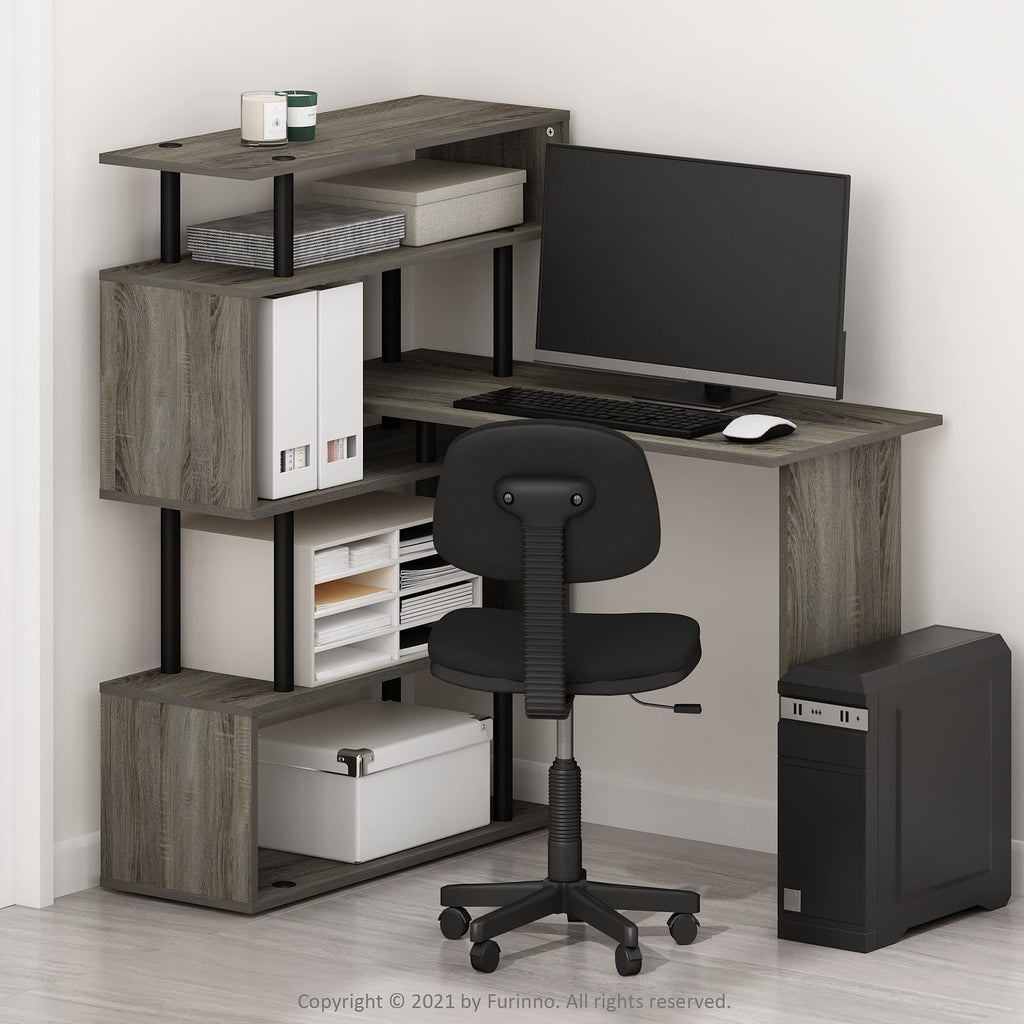 Furinno Moore L-Shape Computer Desk with 5-Tier Shelves, French Oak