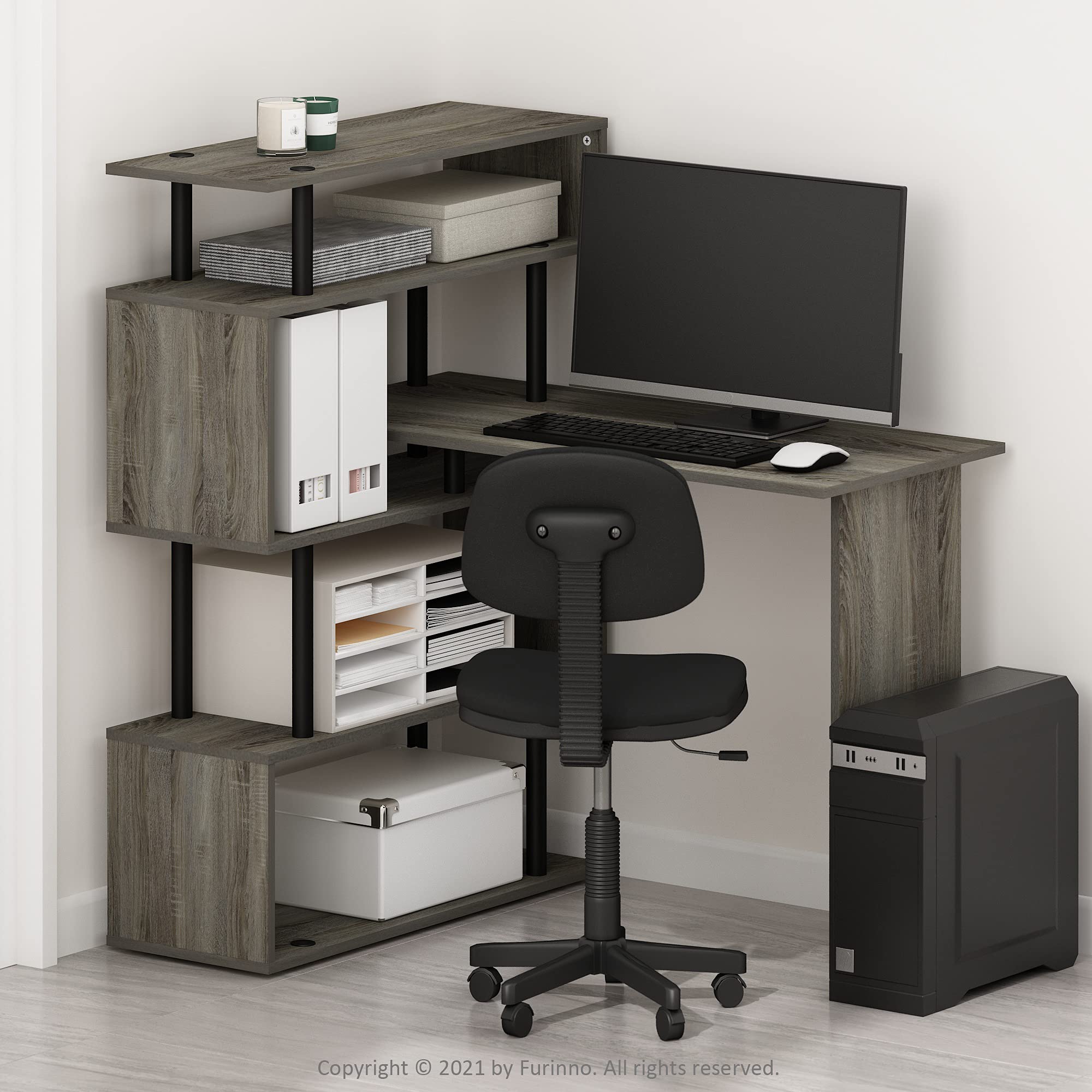 Furinno Moore L-Shape Computer Desk with 5-Tier Shelves, French Oak