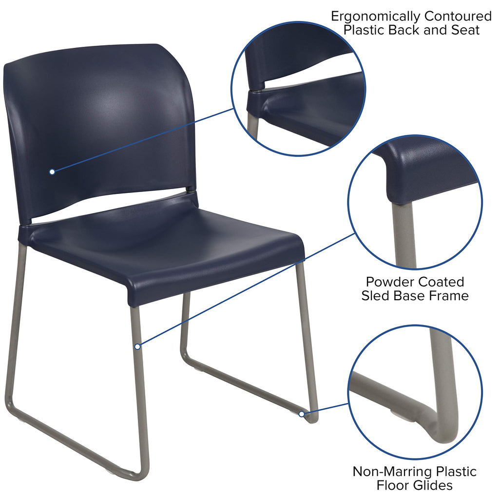 Flash Furniture Hercules Series 880 Lb. Capacity Navy Full Back Contoured Stack Chair With Gray Powder Coated Sled Base