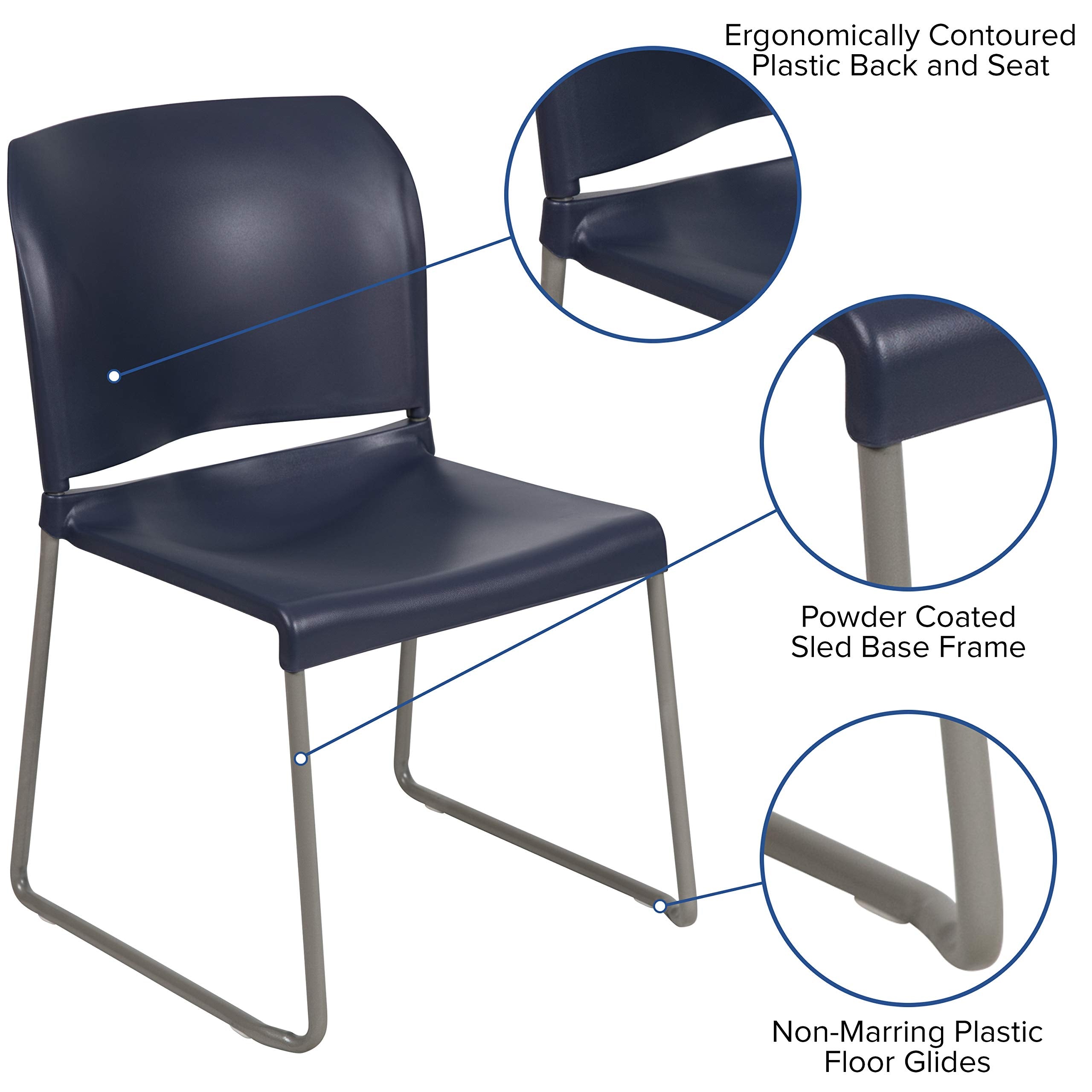 Flash Furniture Hercules Series 880 Lb. Capacity Navy Full Back Contoured Stack Chair With Gray Powder Coated Sled Base