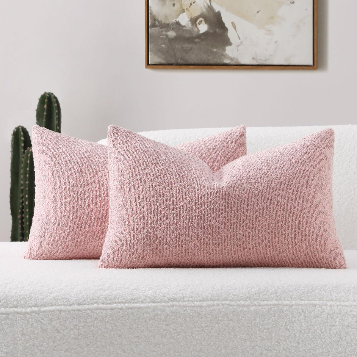 Futei Pack Of 2 Pink Boucle Accent Decorative Throw Pillow Covers,12X20 Inch Soft Solid Textured Lumbar Pillow Cases,Home Decor