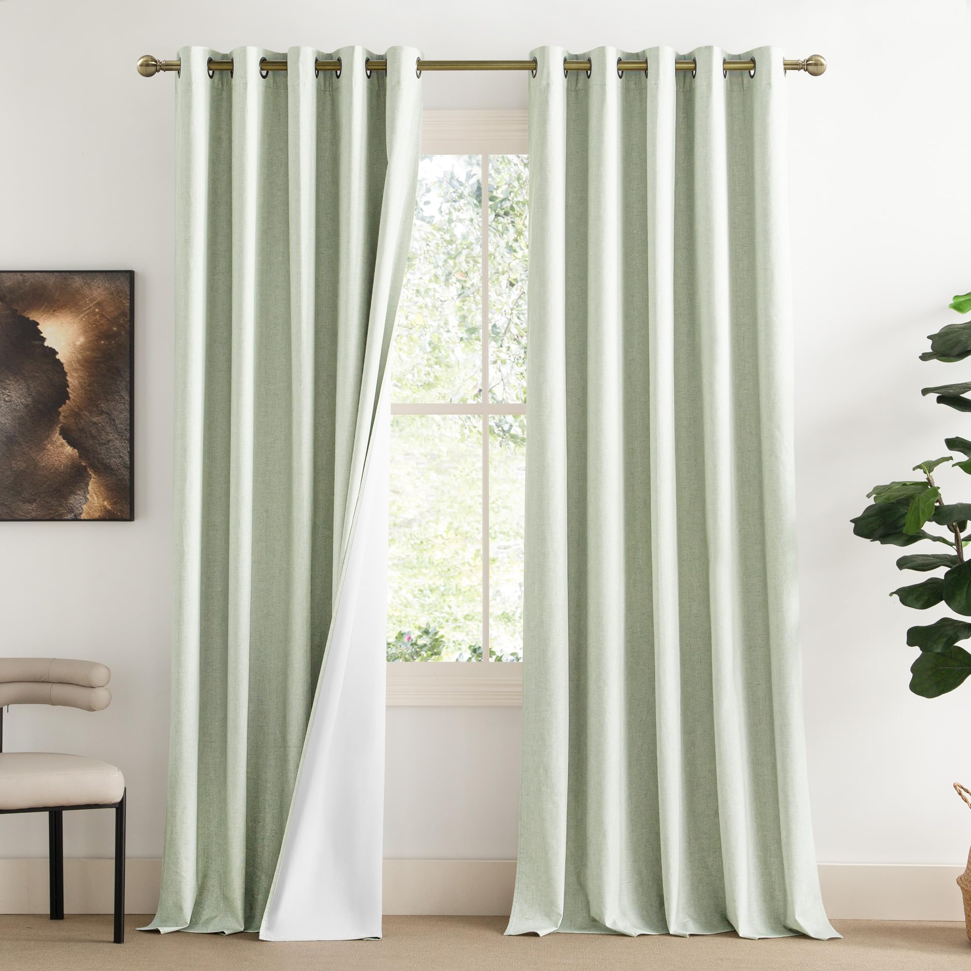 NICETOWN 100% Blackout Linen Curtains with Thermal Insulated White Liner, Sage Green, W62, 2 Pieces, Noise Reducing Textured Lin