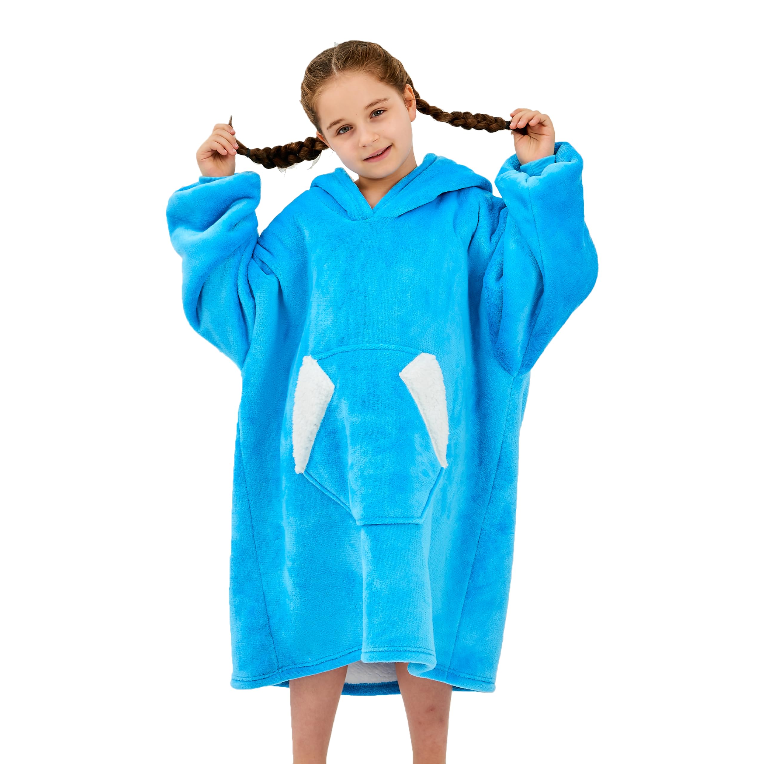 Ramees Wearable Blanket Hoodie For Kids, Sherpa Oversized Sweatshirt Blanket Flannel With Hood Pocket And Sleeves (Blue)