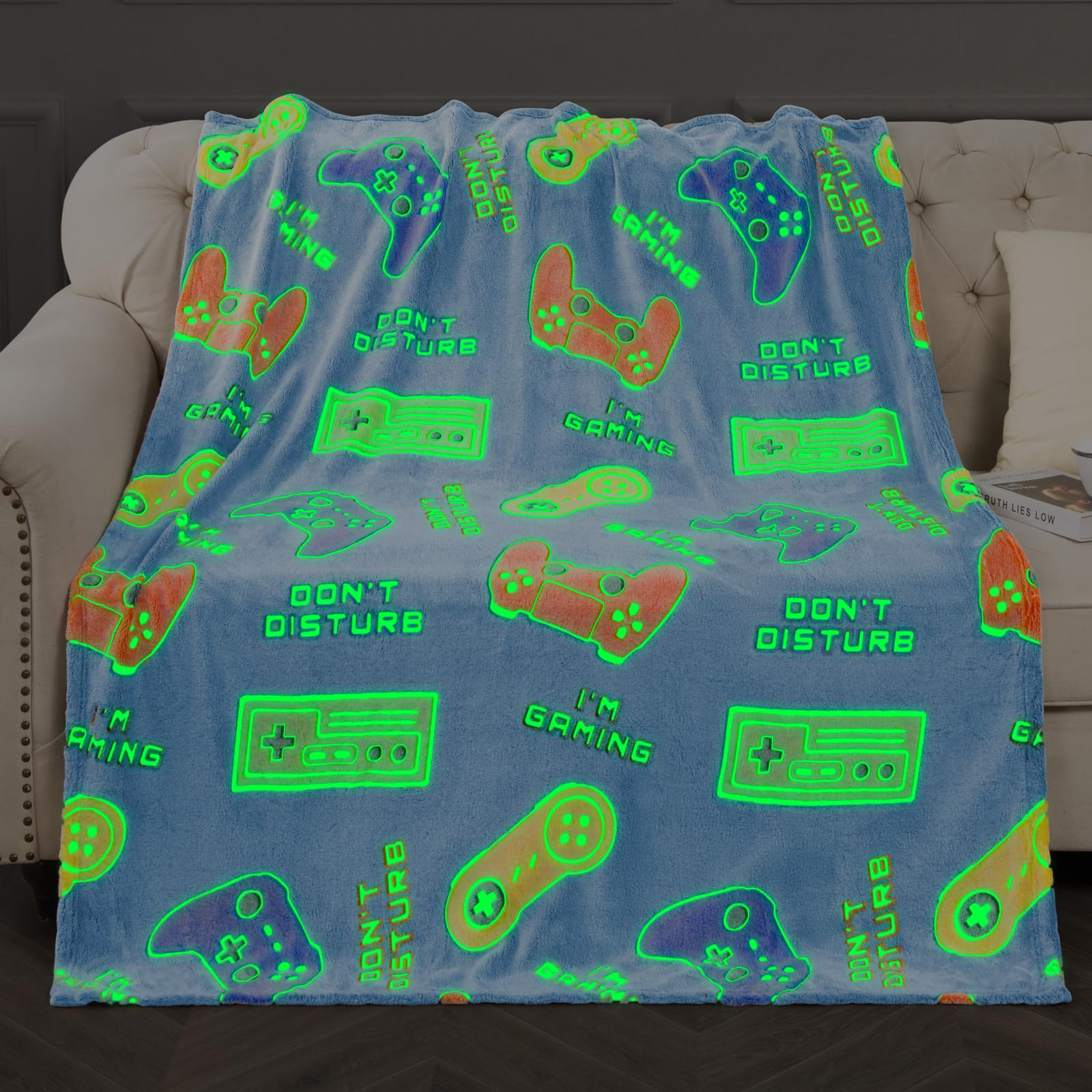 Levens Glow In The Dark Gaming Blanket For Boys - Christmas Easter Valentine'S Gifts Toys For Teens, Gamer Stuff Controller Thro