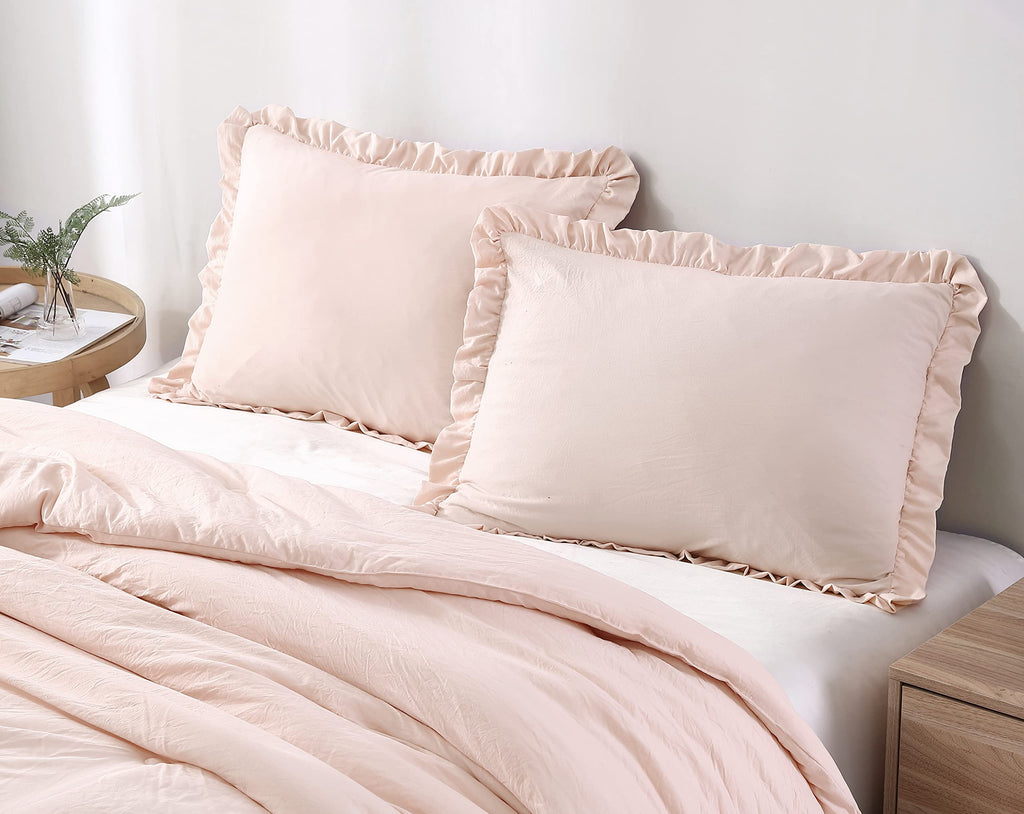 Chezmoi Collection Nora 3-Piece Ruffled Edge Trim Soft Washed Microfiber Comforter Set (Oversized King, Blush)