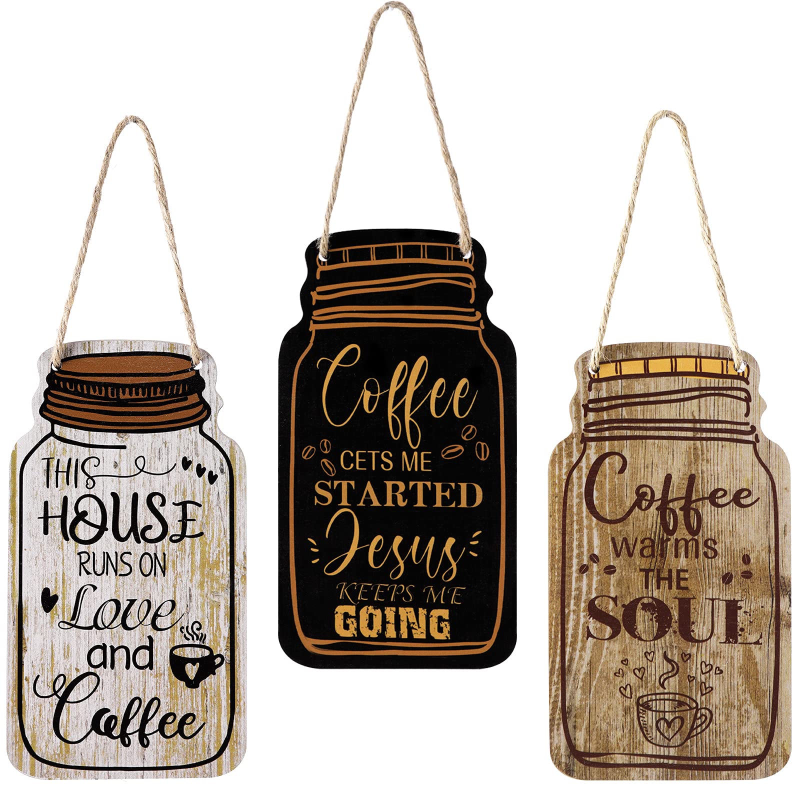 Jetec 3 Pcs Coffee Bar Decor Sign Mason Jar Wall Hanging Plaque Farmhouse Kitchen Decor Wooden Coffee Decor Sign for Kitchen Hom
