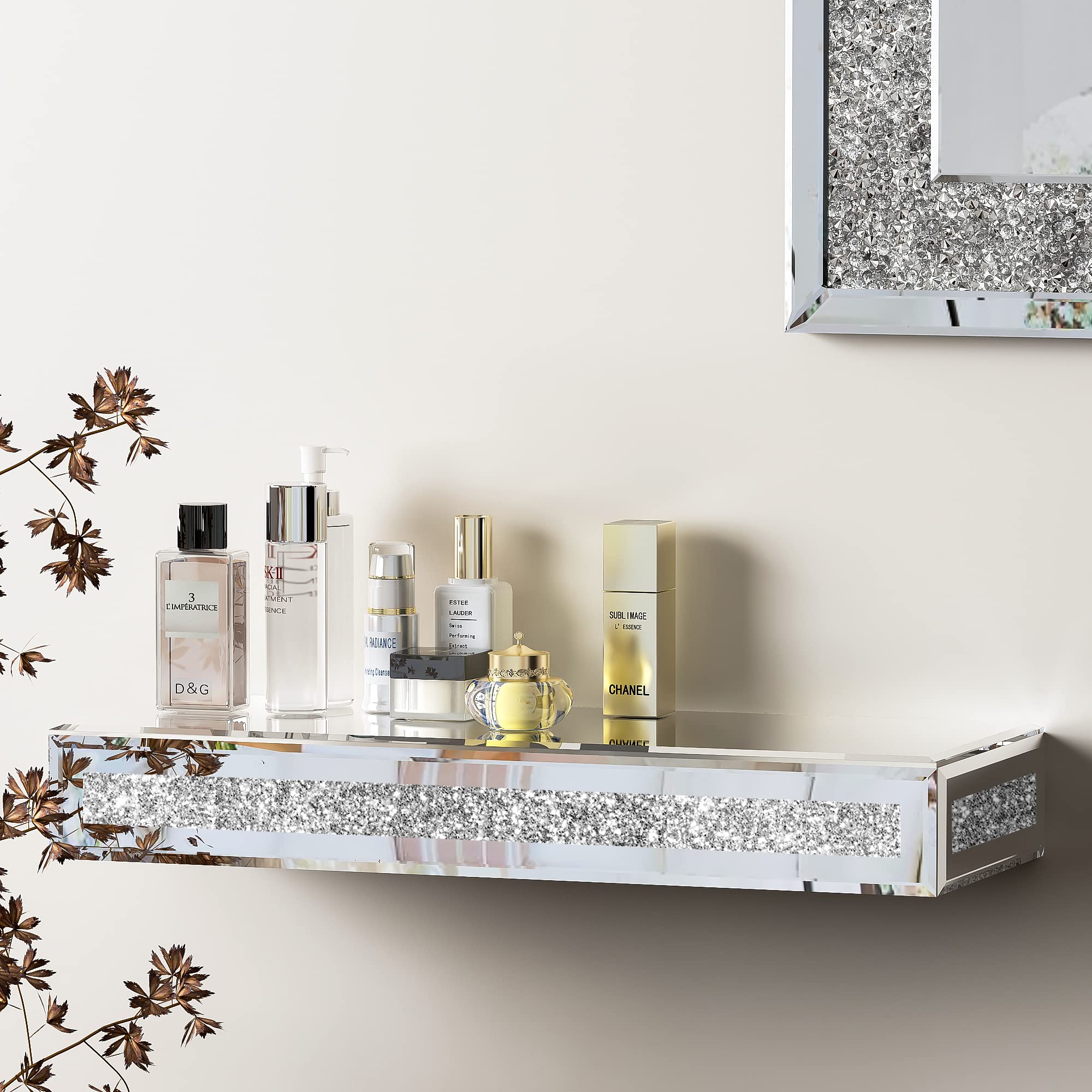 SHYFOY Mirrored Floating Shelves for Wall, Set of 3 Glass Wall Shelves for Bathroom Decor, Wall Mounted Shelves for Bedroom, Liv