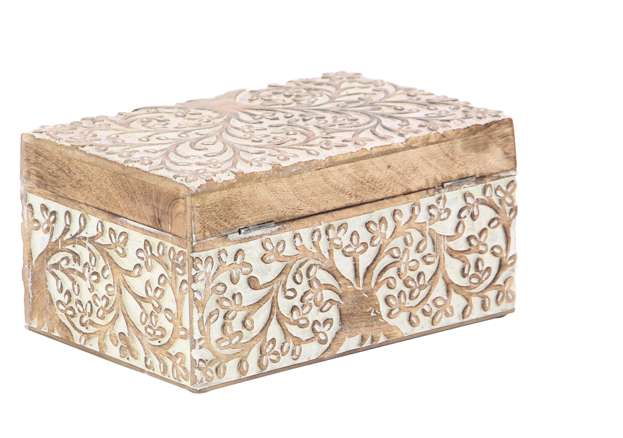 Deco 79 Mango Wood Floral Decorative Box Decorative Keepsake Boxes With Hinged Lid, Set Of 3 Storage Boxes 8'', 10'', 12''W, Bro