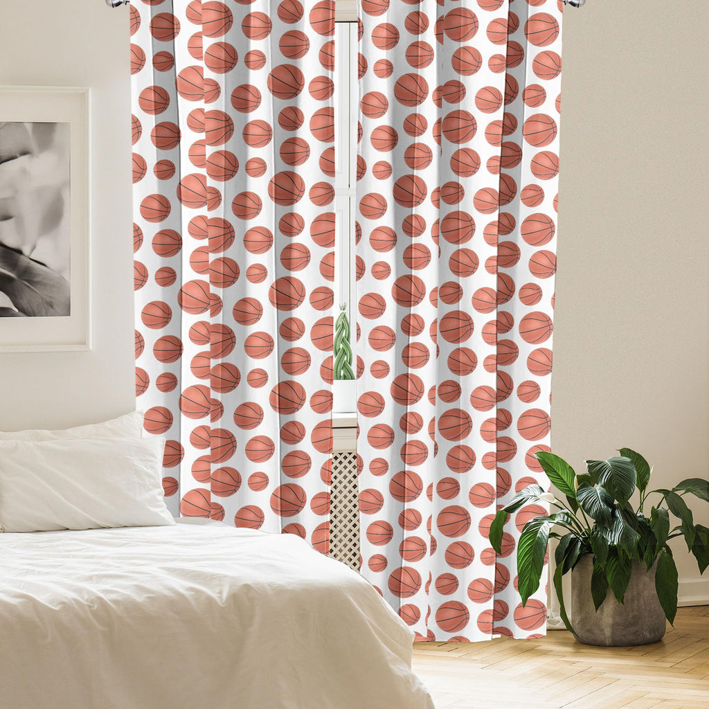 Ambesonne Basketball Window Curtains Pack Of 2, Realistic Style Balls Pattern On White Classical Sports Themed, Lightweight Set