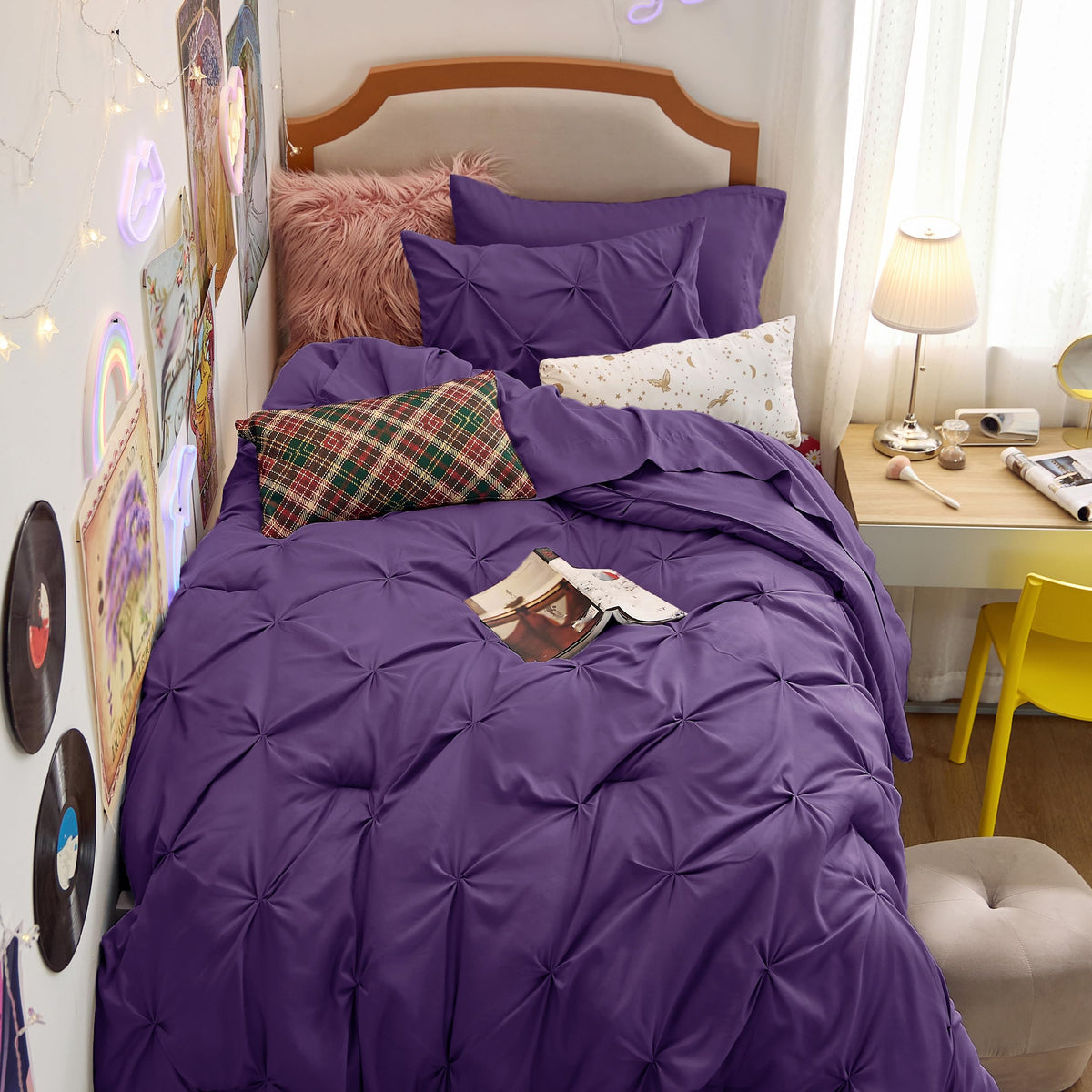 Bedsure Twin Size Comforter Set 5 Pieces - Pintuck Twin Bedding Set, Pinch Pleat Purple Twin Size Bed In A Bag With Comforter, S