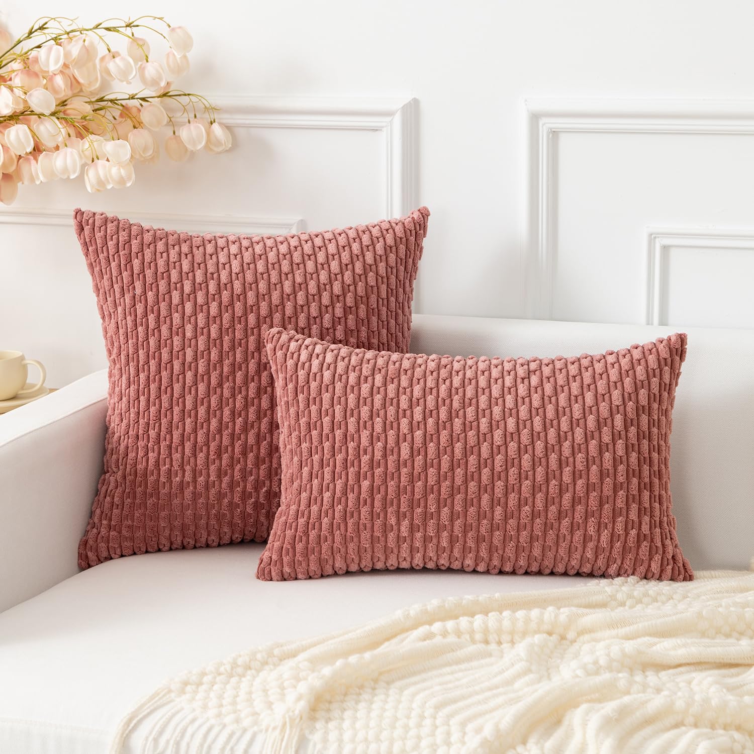 Kevin Textile Throw Pillow Covers Soft Corduroy Decorative Set Of 2 Boho Striped Pillow Covers Valentines Day Pillowcases Farmhouse Home Decor For Couch Bed Sofa Living Room 20X20 Inch Blush Pink