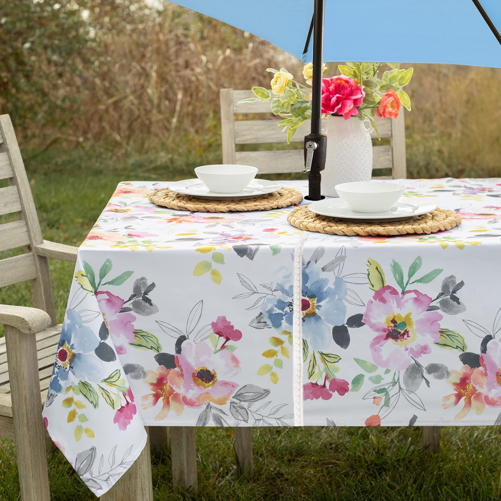 Benson Mills Spillproof Floral Spring/Summer Fabric Outdoor Tablecloth With Umbrella Hole, Zippered Table Cloth For Rectangle Ta