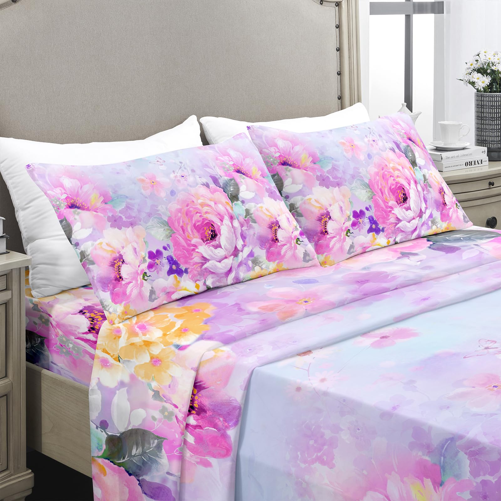 Yiyea King Sheets - Floral Print - Luxury Double Brushed Microfiber Sheet Set - Lightweight Breathable Cooling King Bed Sheets -