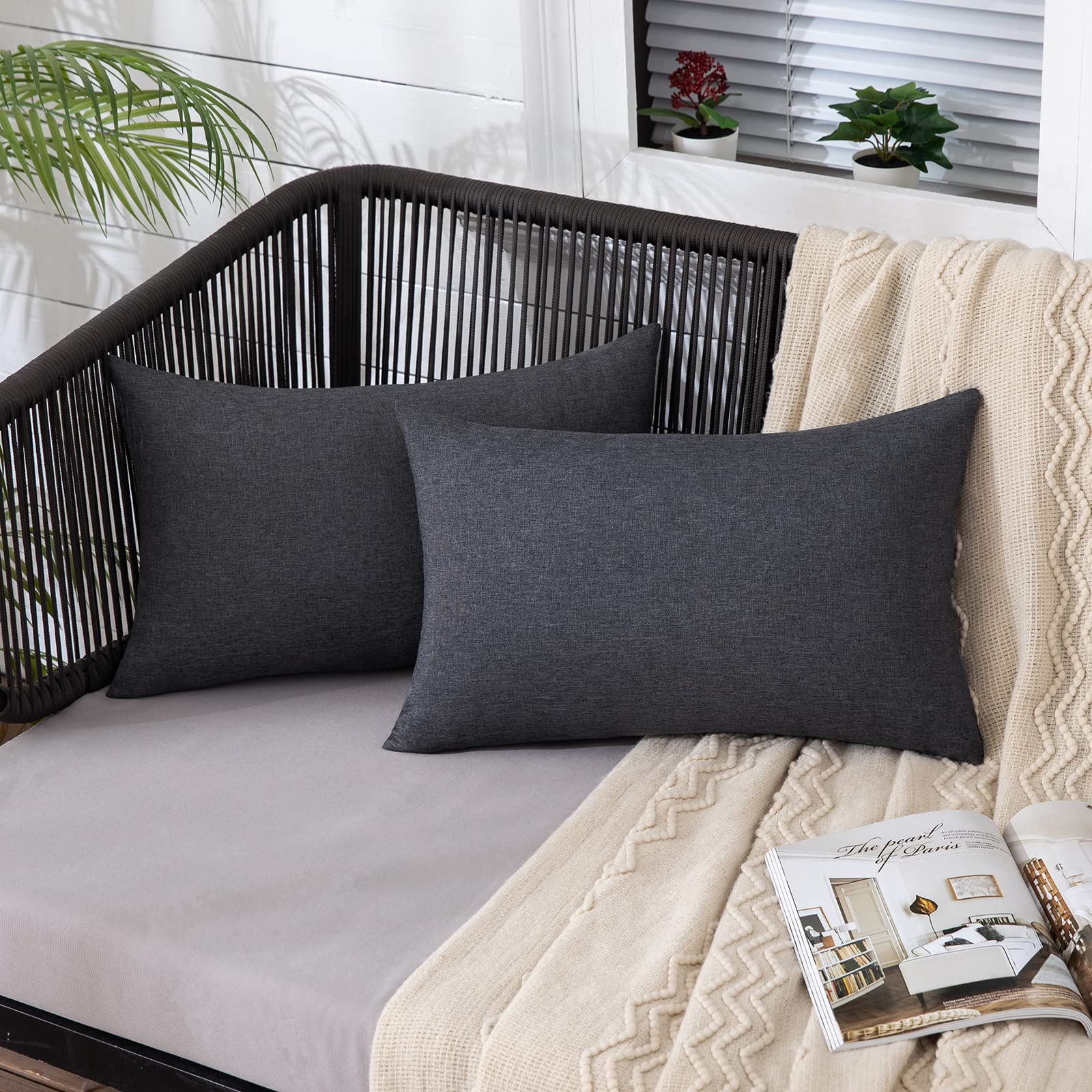 Anroduo Pack Of 2 Dark Grey Outdoor Pillow Covers For Patio Furniture Decorative Farmhouse Linen Cushion Sham Outdoor Waterproof