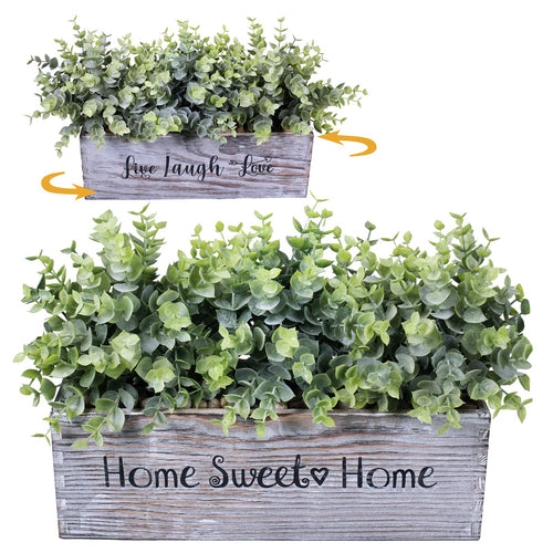 1 Pcs Wooden Potted Eucalyptus Plant Greenery Arrangement Artificial Eucalyptus Plant in Rectangular Wood Planter Box for Rustic