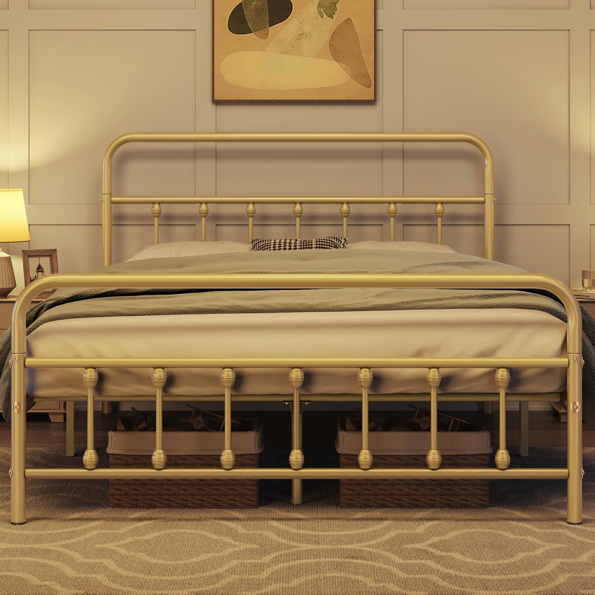 Yaheetech Classic Metal Platform Bed Frame Mattress Foundation With Victorian Style Iron-Art Headboard/Footboard/Under Bed Storage No Box Spring Needed Full Size Antique Gold
