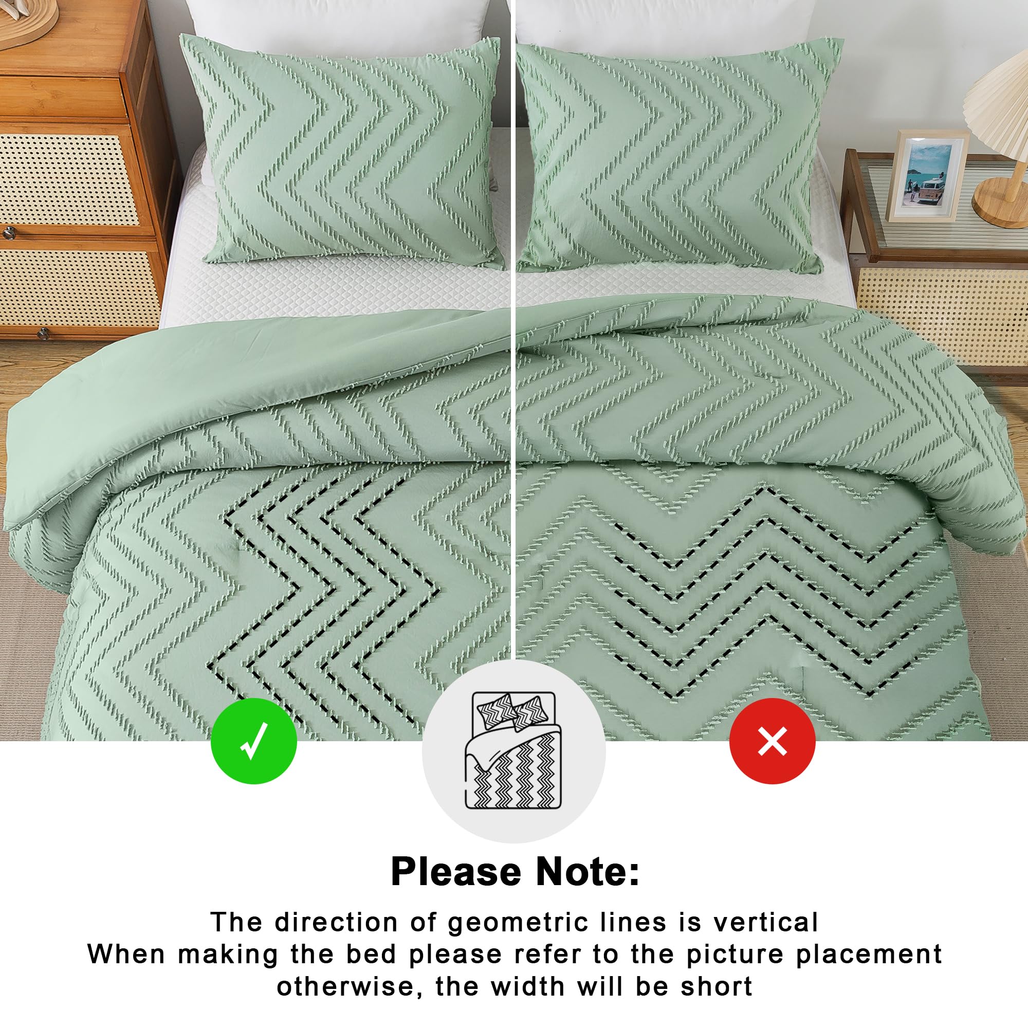 Andency Sage Green Comforter Full, Boho Soft Fluffy Warm Lightweight Bedding Comforter Sets For Full Bed, 3 Pieces Light Green Chevron Tufted Aesthetic Microfiber Lightweight Comforter Set