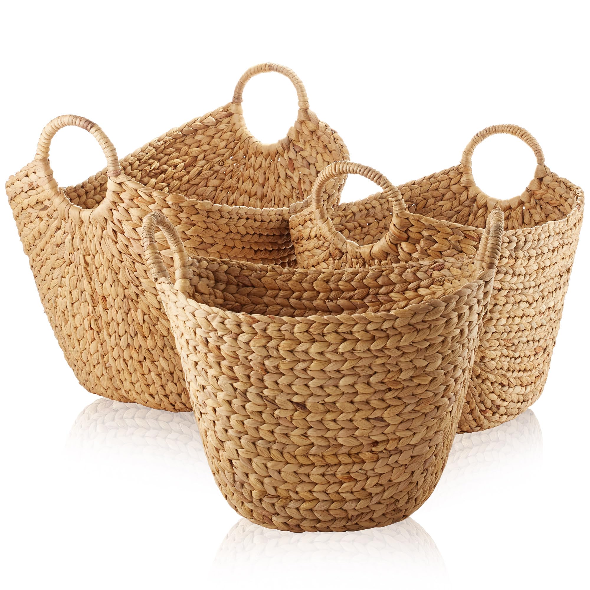 Casafield Set of 3 Multipurpose Boat Baskets with Handles - Natural, Woven Water Hyacinth Storage Organizers for Throw Blankets,