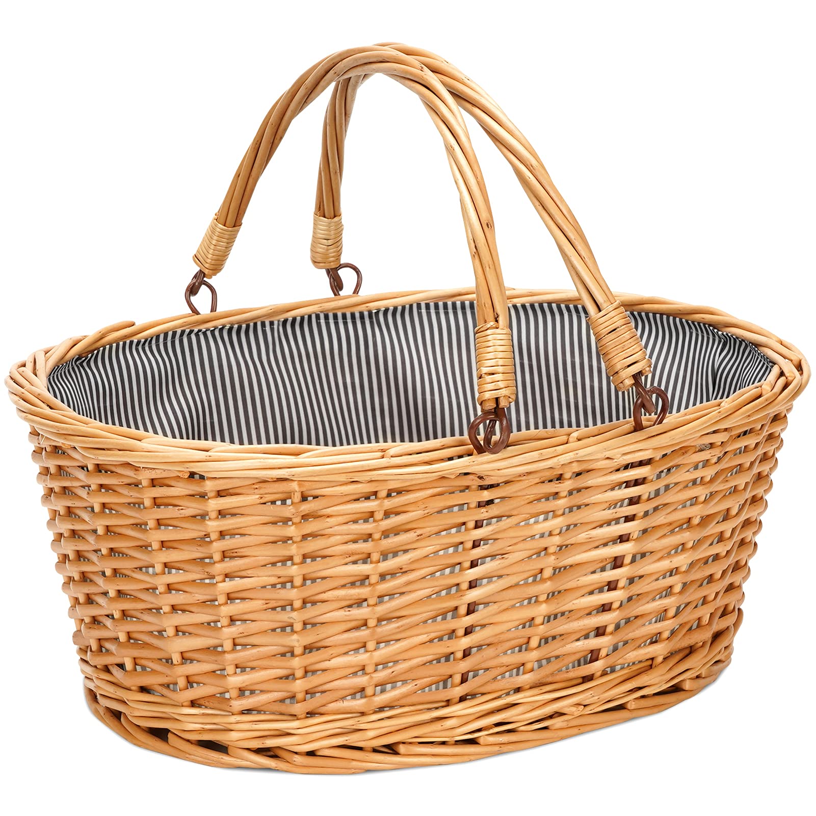 Wicker Picnic Basket With Double Folding Handles, Natural Large Willow Hamper Empty Basket Cheap Easter Eggs Candy Storage Wine