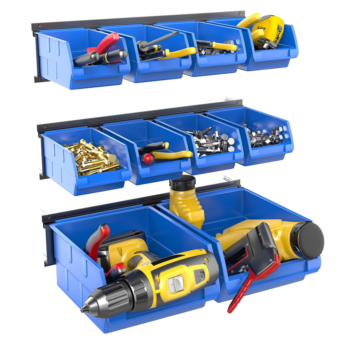 WALMANN Wall Mounted Storage Bins for Small Parts, 10 Bins with 3 Rails