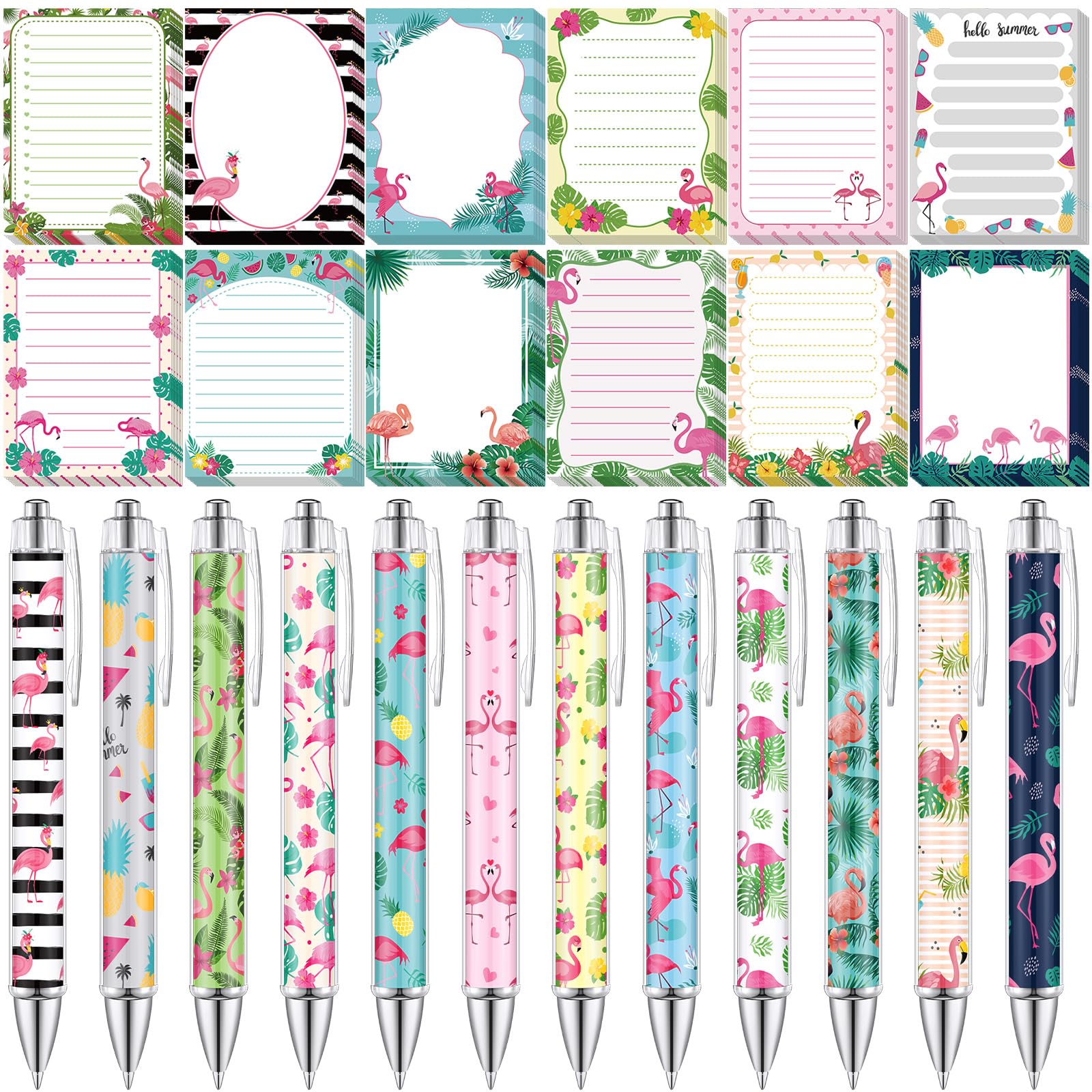 Skyygemm 24 Pieces Summer Flamingos Sticky Notes Cute Flamingo Pens Gift Note Pads Memo Pads 3x4 Inch Black Ink 1.5 mm Ballpoint