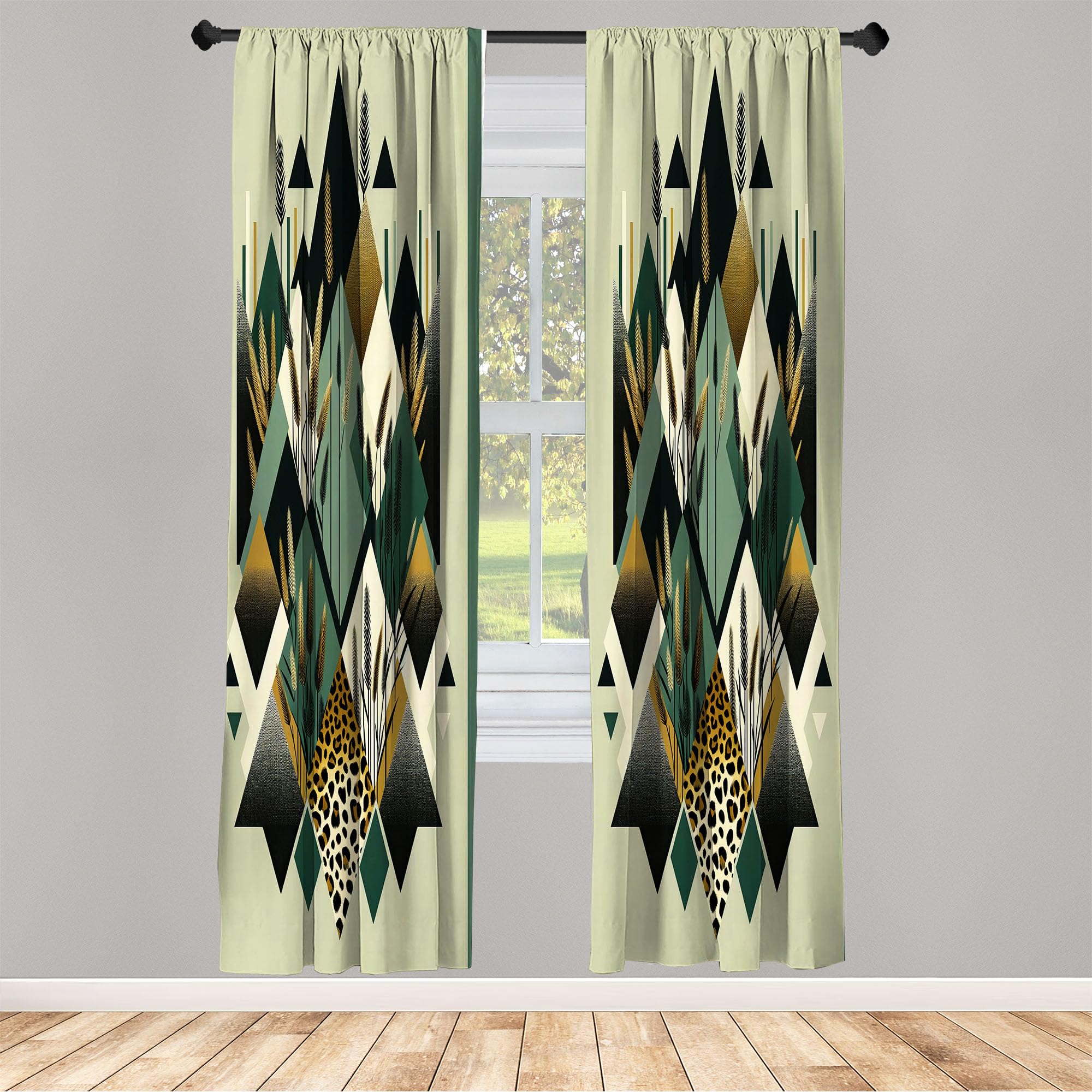 Ambesonne Bohemian Window Curtains, Diamond Shapes Geometric Design Abstract Botanical Design Boho, Lightweight Decor 2-Panel Se