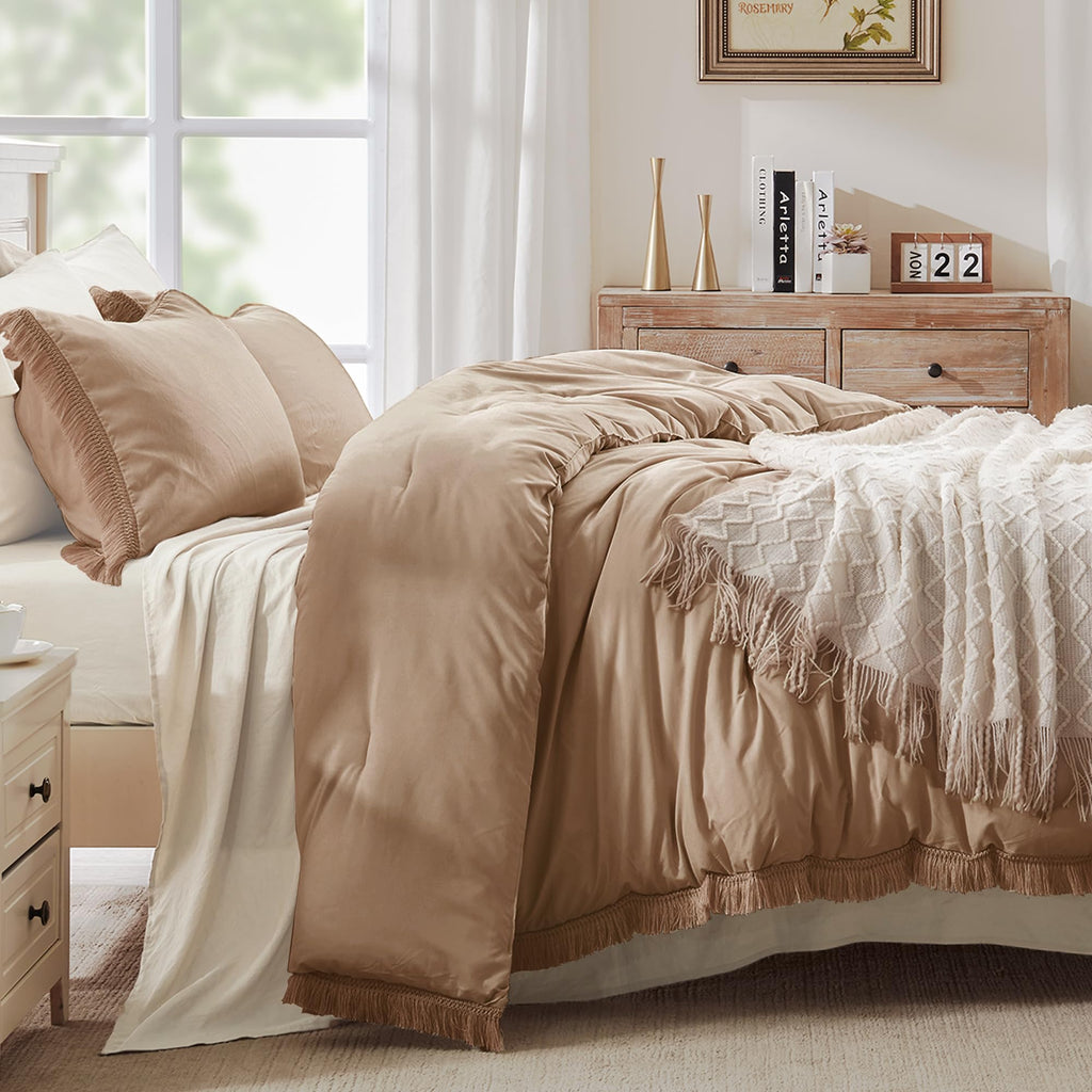 Andency Taupe Comforter Set King Size, 3 Pieces Boho Tassel Lightweight Bedding Comforter Sets For King Bed, Tan All Season Soft Fluffy Fringe Bed Set (104X90In Comforter & 2 Pillowcases)