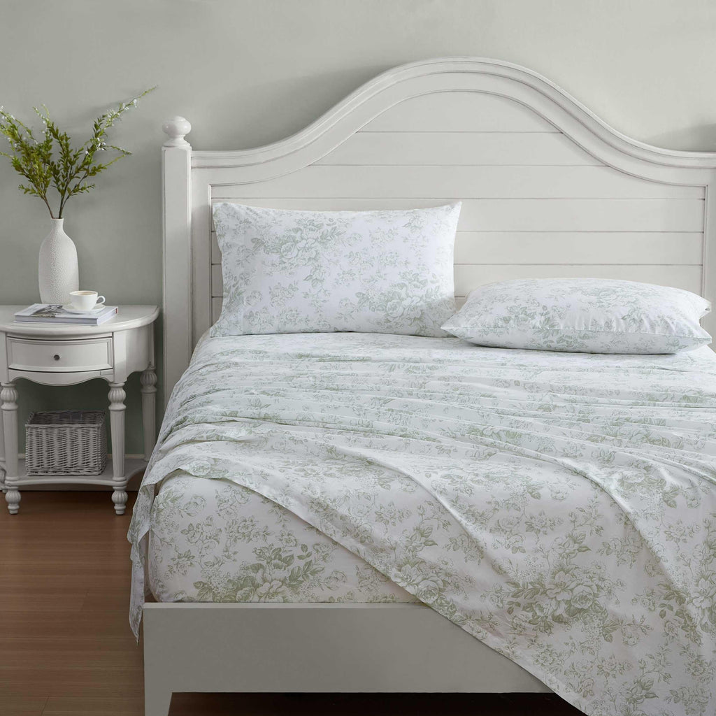Laura Ashley - King Sheets, Cotton Percale Bedding Set, Lightweight & Breathable Home Decor (Toile Delight Green, King)