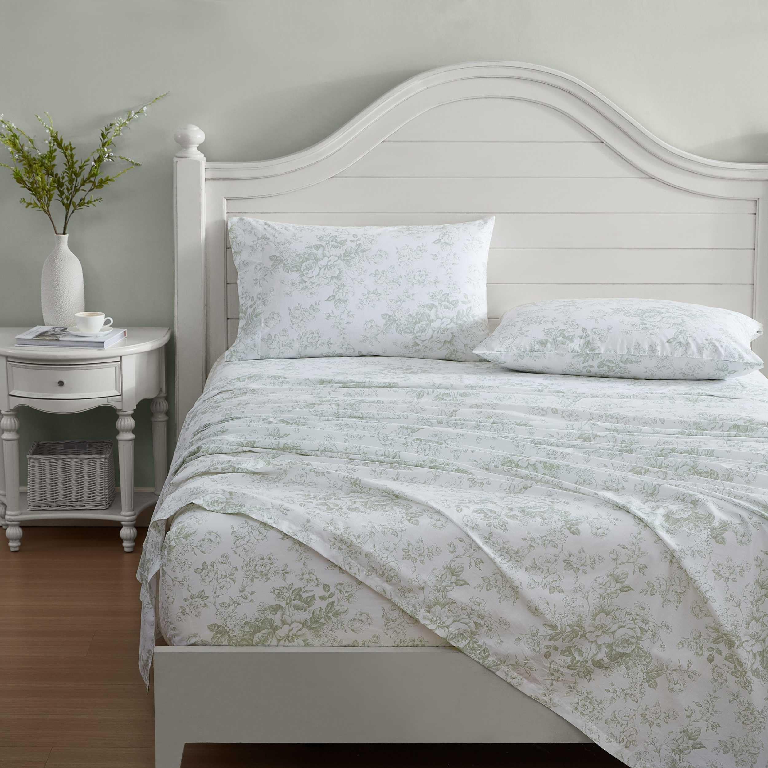Laura Ashley - King Sheets, Cotton Percale Bedding Set, Lightweight & Breathable Home Decor (Toile Delight Green, King)