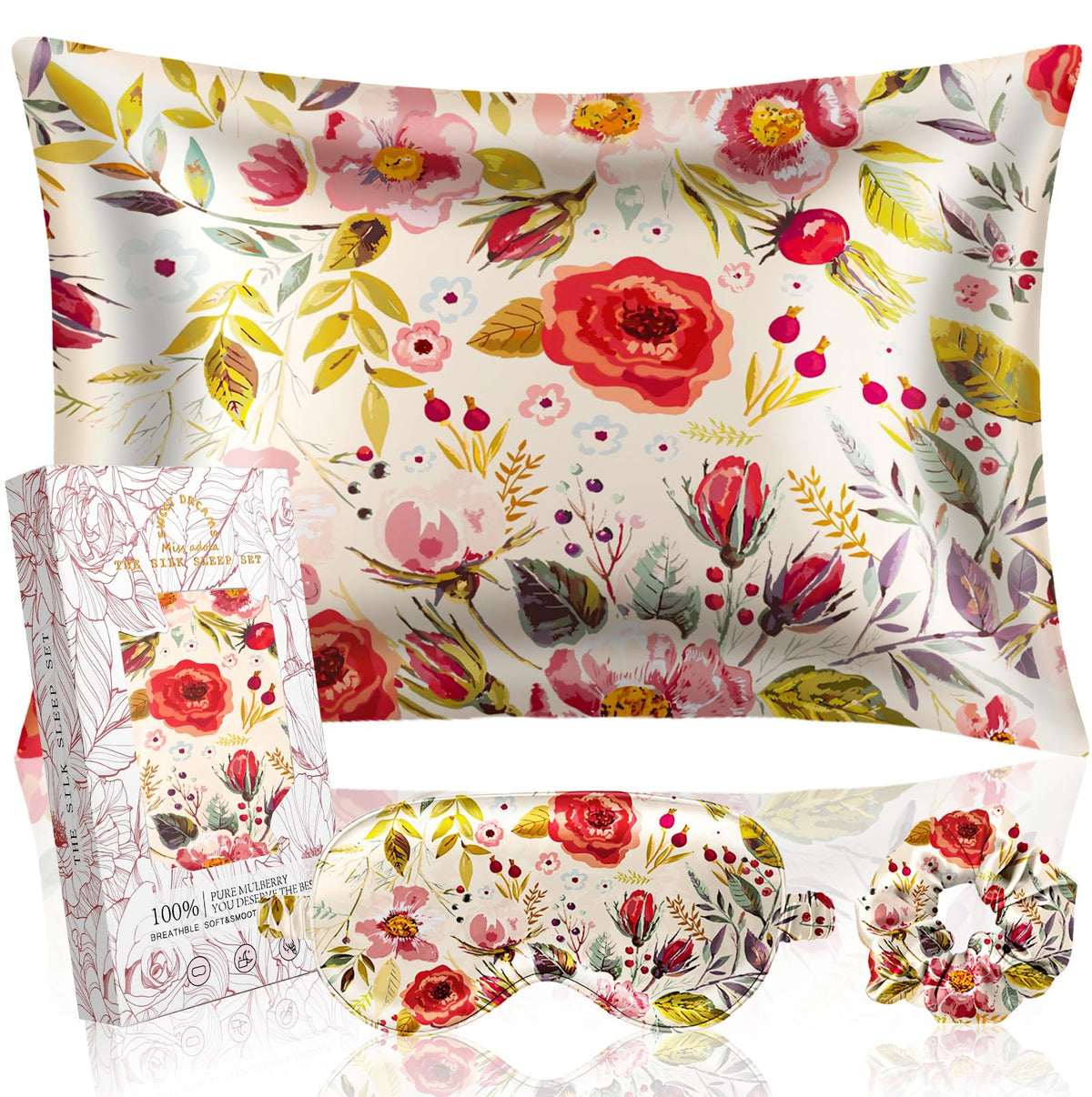 Miss Adola Mulberry Silk Pillow Case For Hair And Skin 19 Momme Standard 26'X20' Retro Flower Silk Pillowcase With Eye Mask &