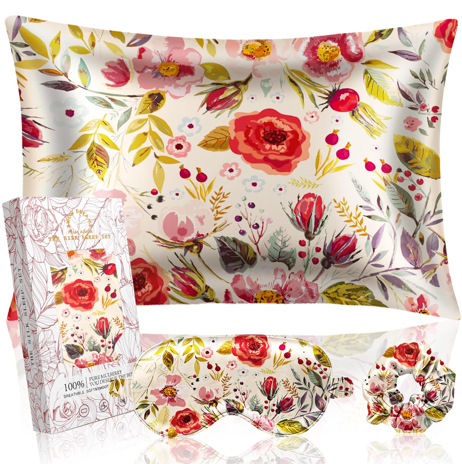 Miss Adola Mulberry Silk Pillow Case For Hair And Skin 19 Momme Standard 26'X20' Retro Flower Silk Pillowcase With Eye Mask &