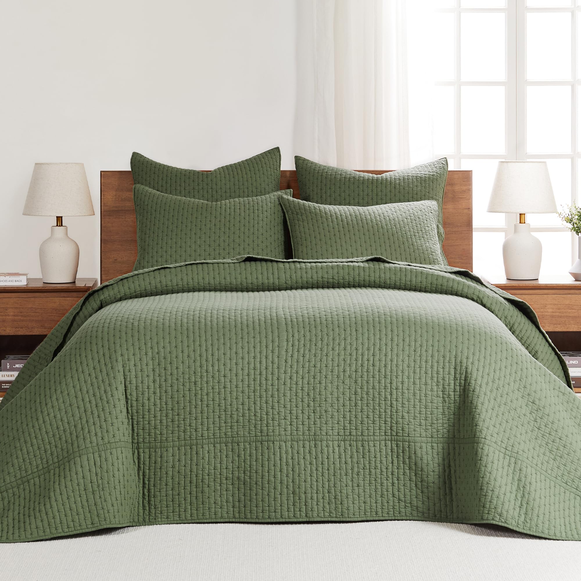 Levtex Home - Cross Stitch Forest Green Bedspread Set - Queen Quilted Bedspread And Two Standard Shams - Cross Stitch Pattern -