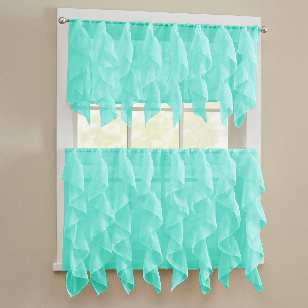 Sweet Home Collection 3 Pc Kitchen Curtain Set-Valance And Choice Of 24' Or 36' Tier Pair, Sheer Sea