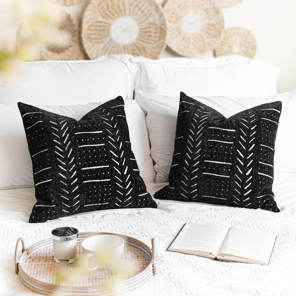 Blissblush Black Decorative Throw Pillow Covers 22X22, Set Of 2, Boho Farmhouse Cushion Cover, Cozy Soft Accent Pillowcase For C