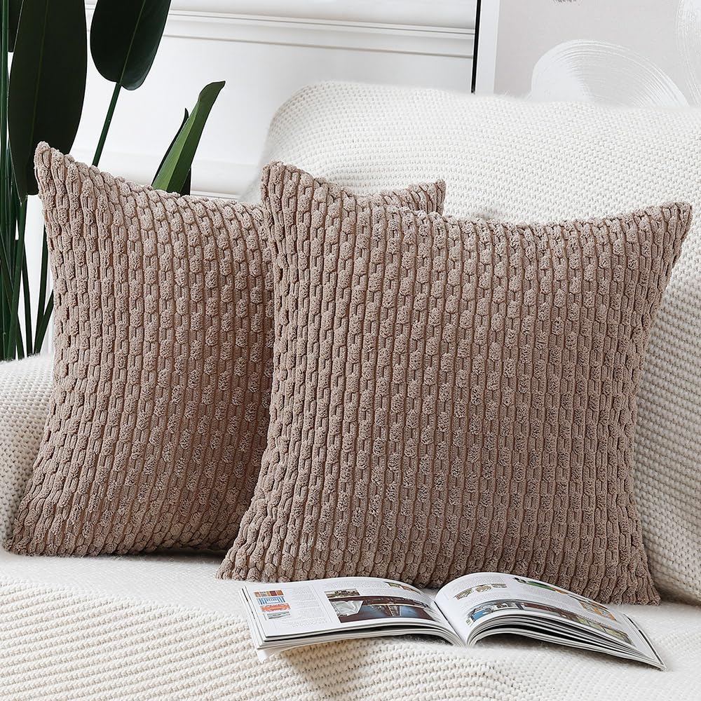 Madizz Pack Of 2 Boho Corduroy Striped Throw Pillow Covers 18X18 Inch Brown Soft Decorative Cushion Cover For Bedroom Sofa Pillo